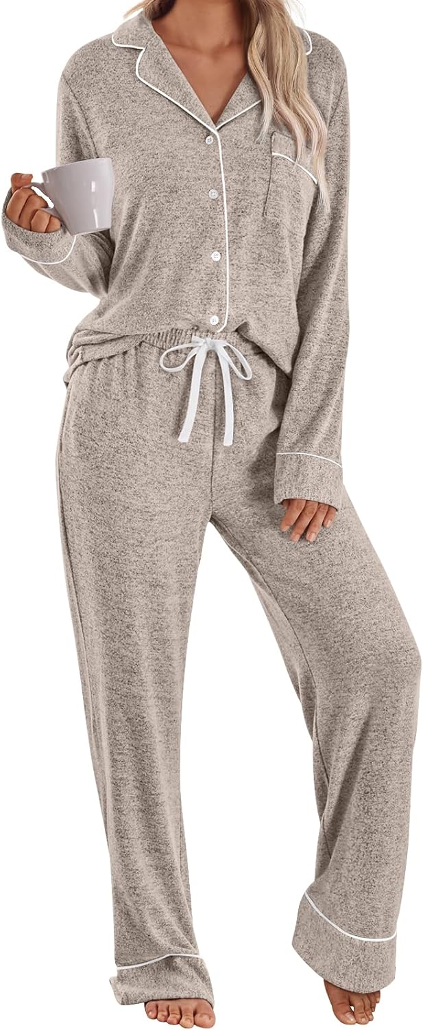 LILLUSORY Women's Long Sleeve Pajama Set - Soft Button-Down Top & Comfortable Drawstring Pants with Pockets