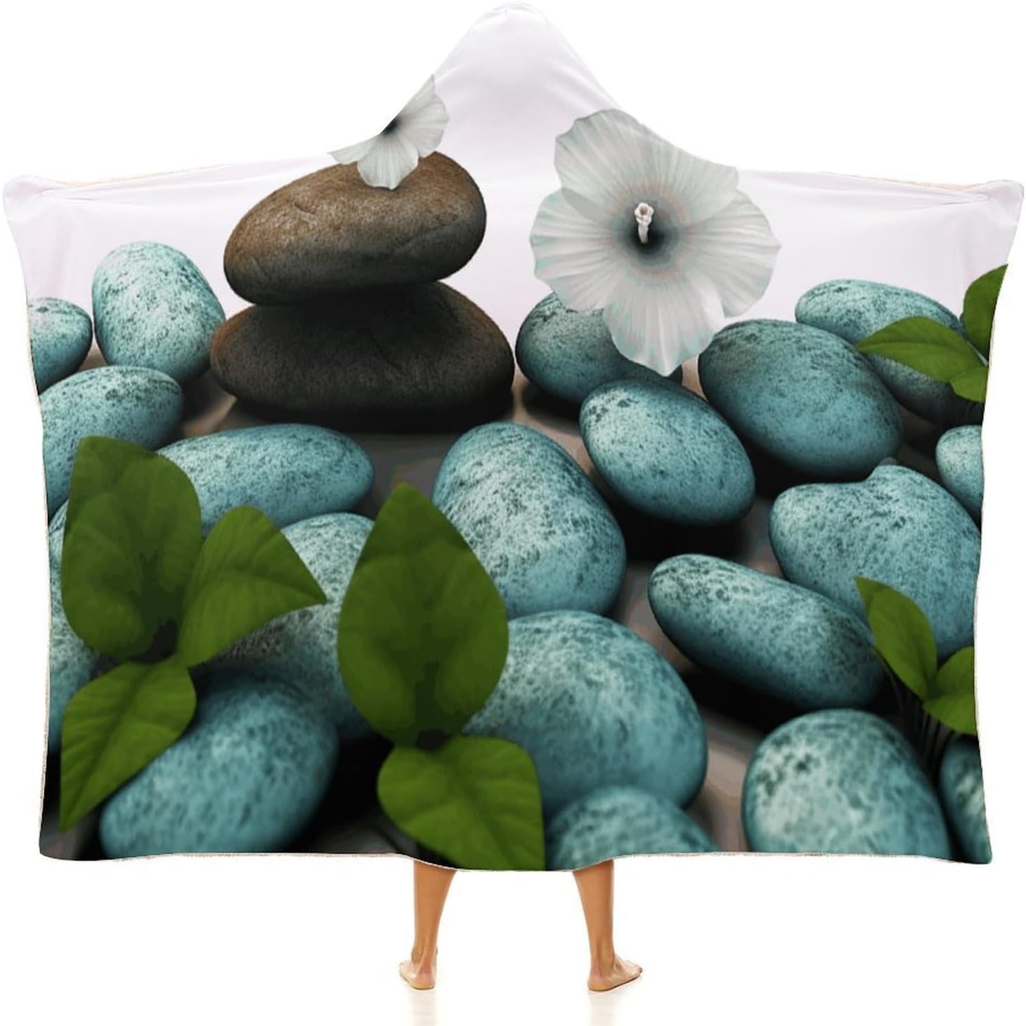 Cobblestone Zen Flowers Wearable Hooded Blanket, Ultra Soft Arctic Velvet Cape Cloak Unisex - Cozy Wearable Blanket