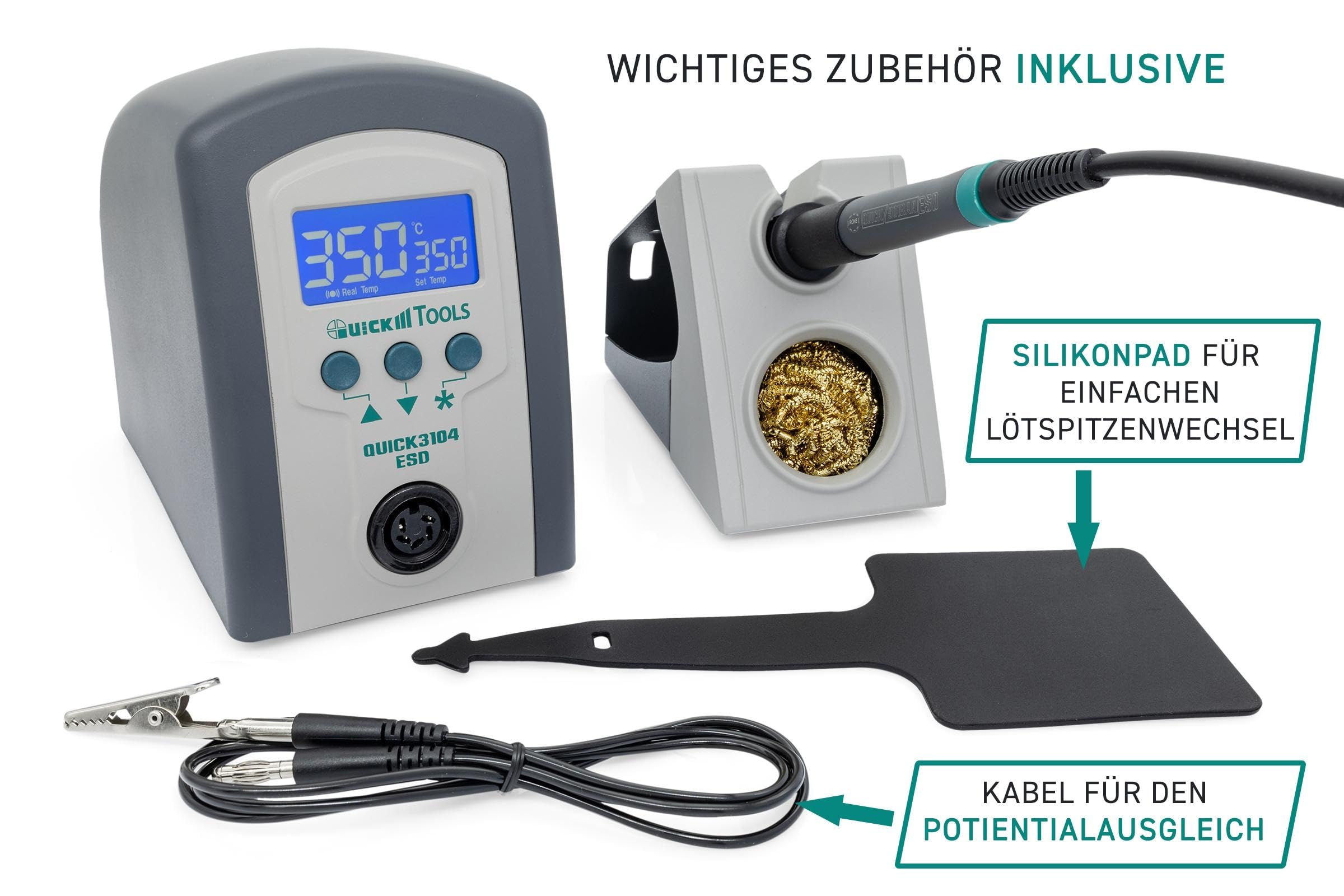 QUICK 3104 - Stazione di saldatura ESD regolabile digitale, 80 Watt, con saldatore con punta di saldatura da 2 mm e accessori, calibrabile da 100° a 450° C, protezione ESD