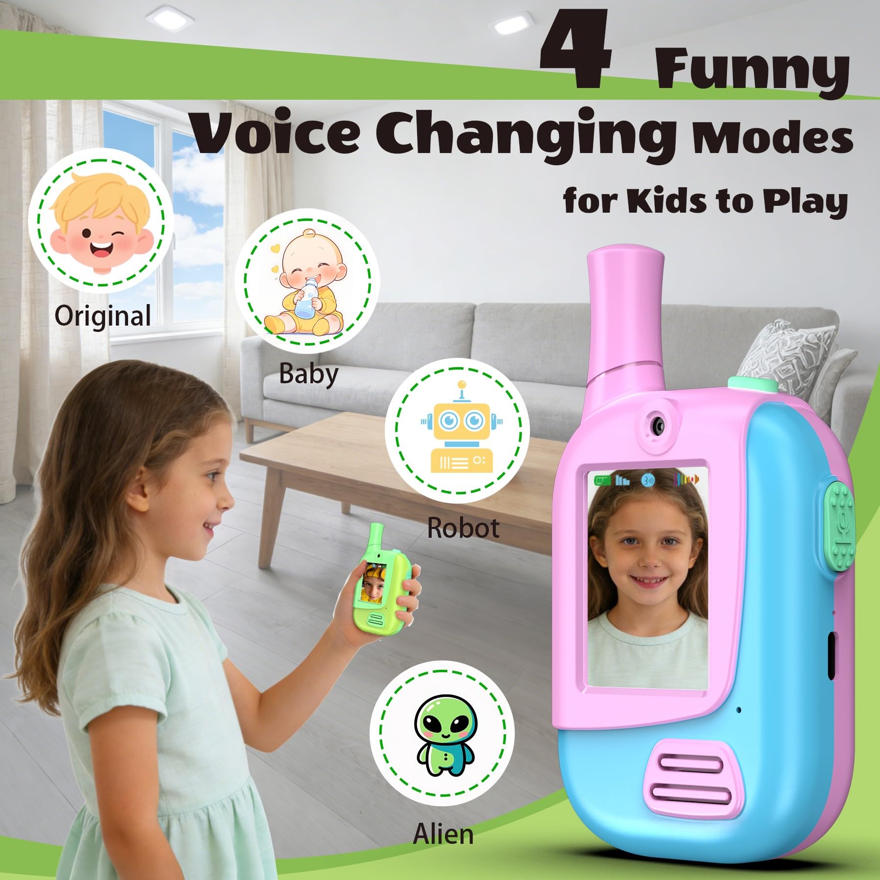 Video Walkie Talkies for Kids 2 Pack,Toys Gifts for 3-12 Year Old Boys Girls,Rechargeable Kids Walkie Talkies with 4 Changer Voice for Outdoor Games Adventure Camping(Pink&Green) - Image 2
