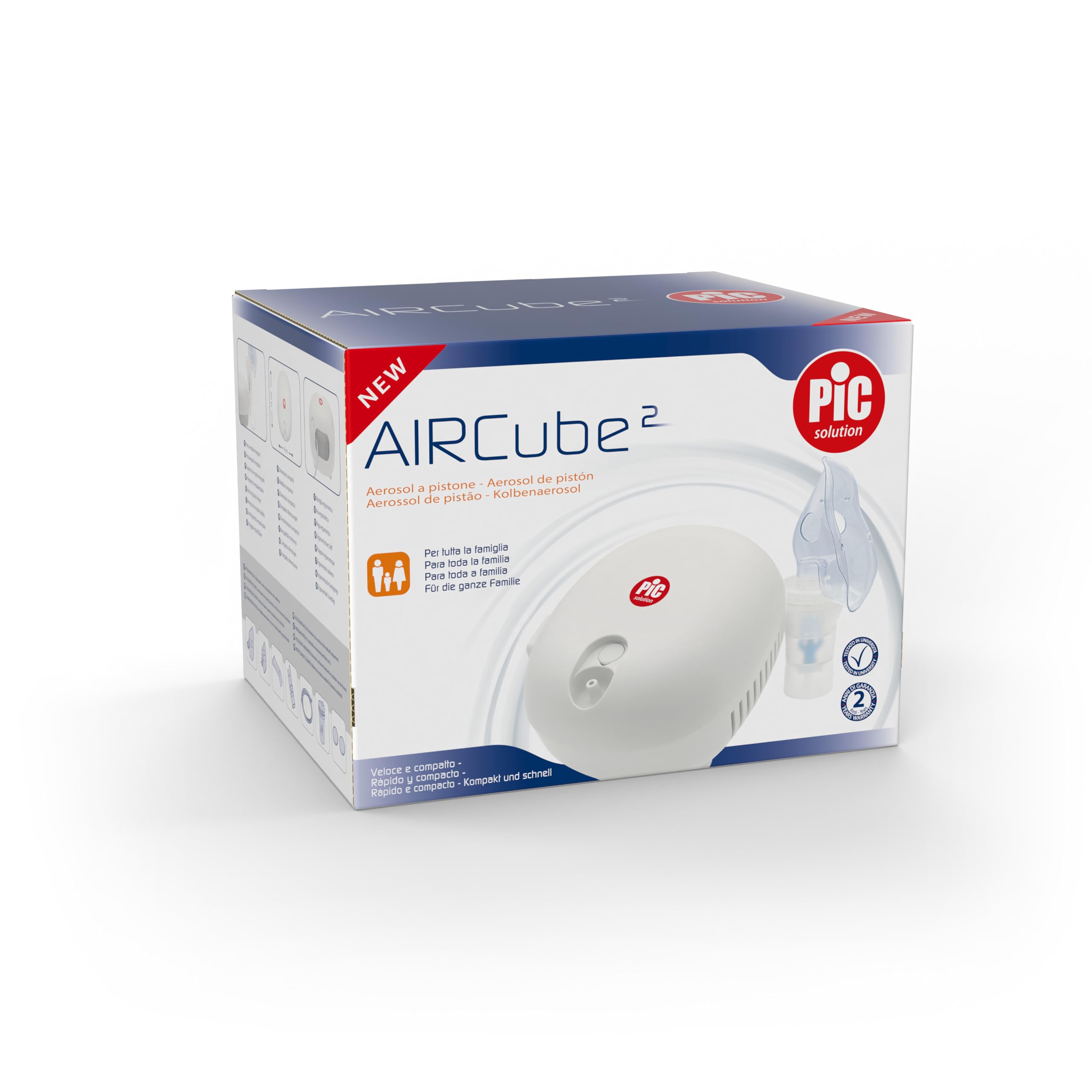 Pic Solution AirCube2 Aerosol a Pistone Silezioso, per Trattamento di Aerosol Terapia, Completo di Accessori, Bianco