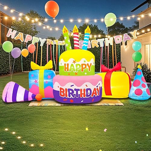Decoración inflable para pastel de cumpleaños de 8 pies con velas inflables para exteriores, luces LED integradas para fiestas de vacaciones,