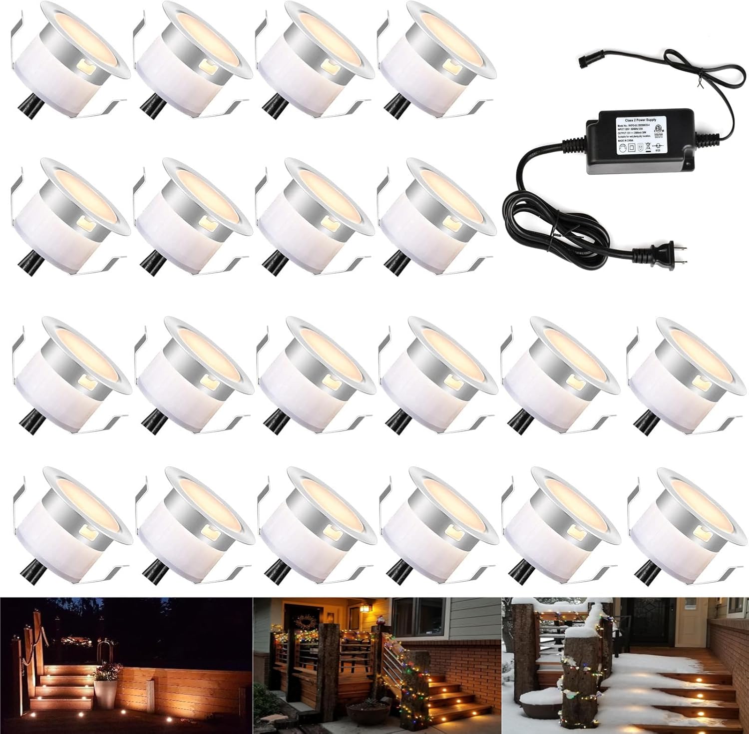 FVTLED Low Voltage LED Deck Lighting Kit Stainless Steel Waterproof Outdoor Landscape Garden Yard Patio Step Decoration Lamps LED In-ground Lights, Pack of 20(Warm White)