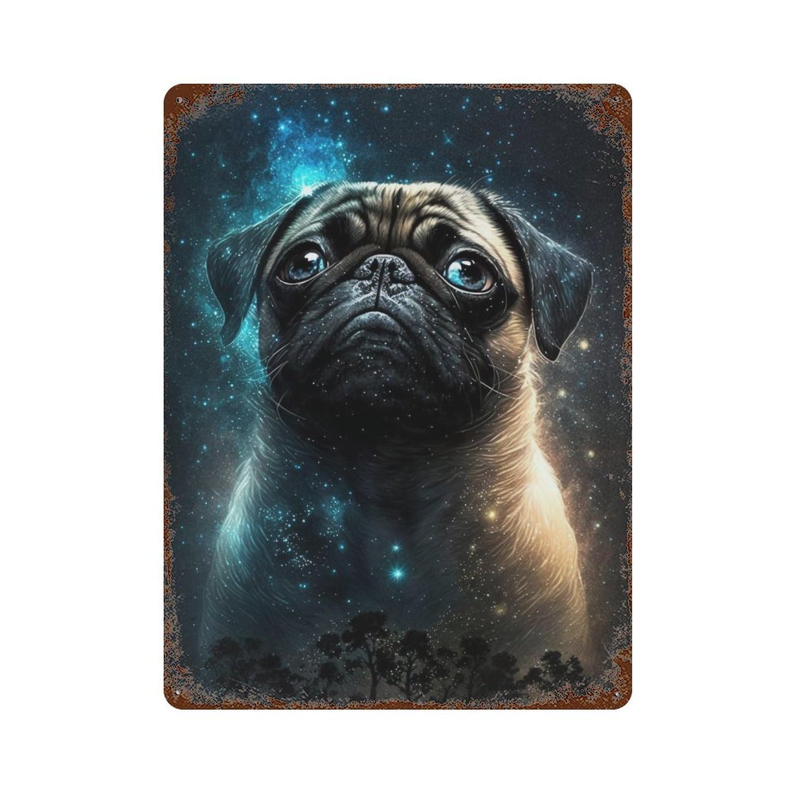 Starry Night Pug Art Print Retro Metal Sign 15.7"x11.8", Decorative Metal Wall Art for Basement, Hobby Room And Garage Decor