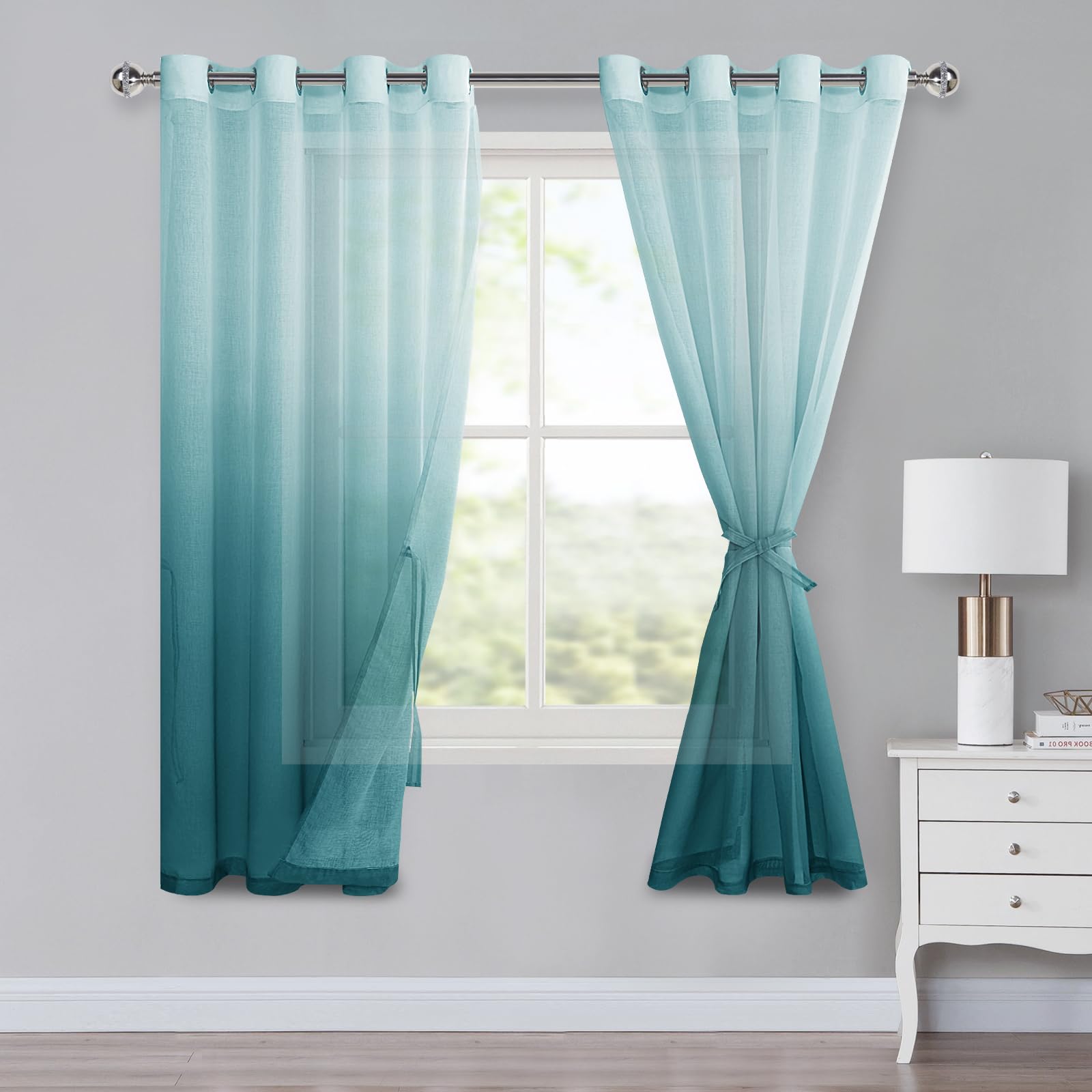Tende in voile sfumato con occhielli blu 175 x 140 cm