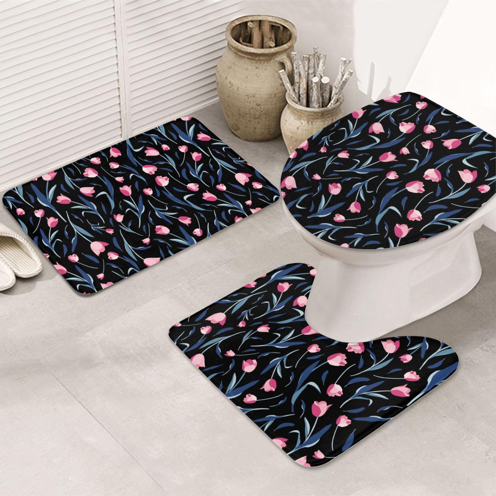 Tapis de bain 3 pièces à tulipes roses pour une salle de bain zen