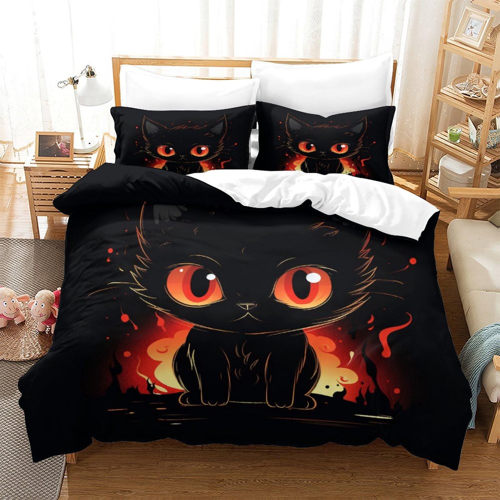 Housse de couette motif chat noir flamme 260x220 avec fermeture éclair dissimulée ultra pratique