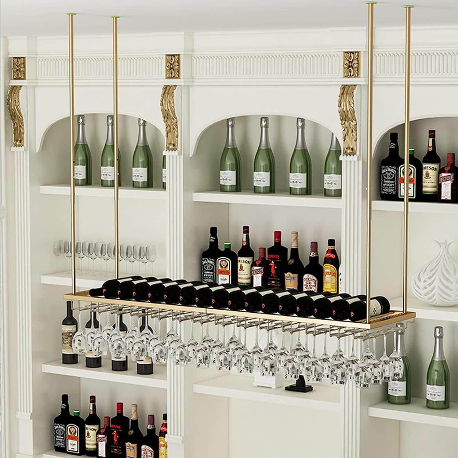 Modern Metal Wine Glass Rack Hanging Wine Holder for Ceiling Wall Mounted Wine Bottle Holder with Stemware Storage Shelf