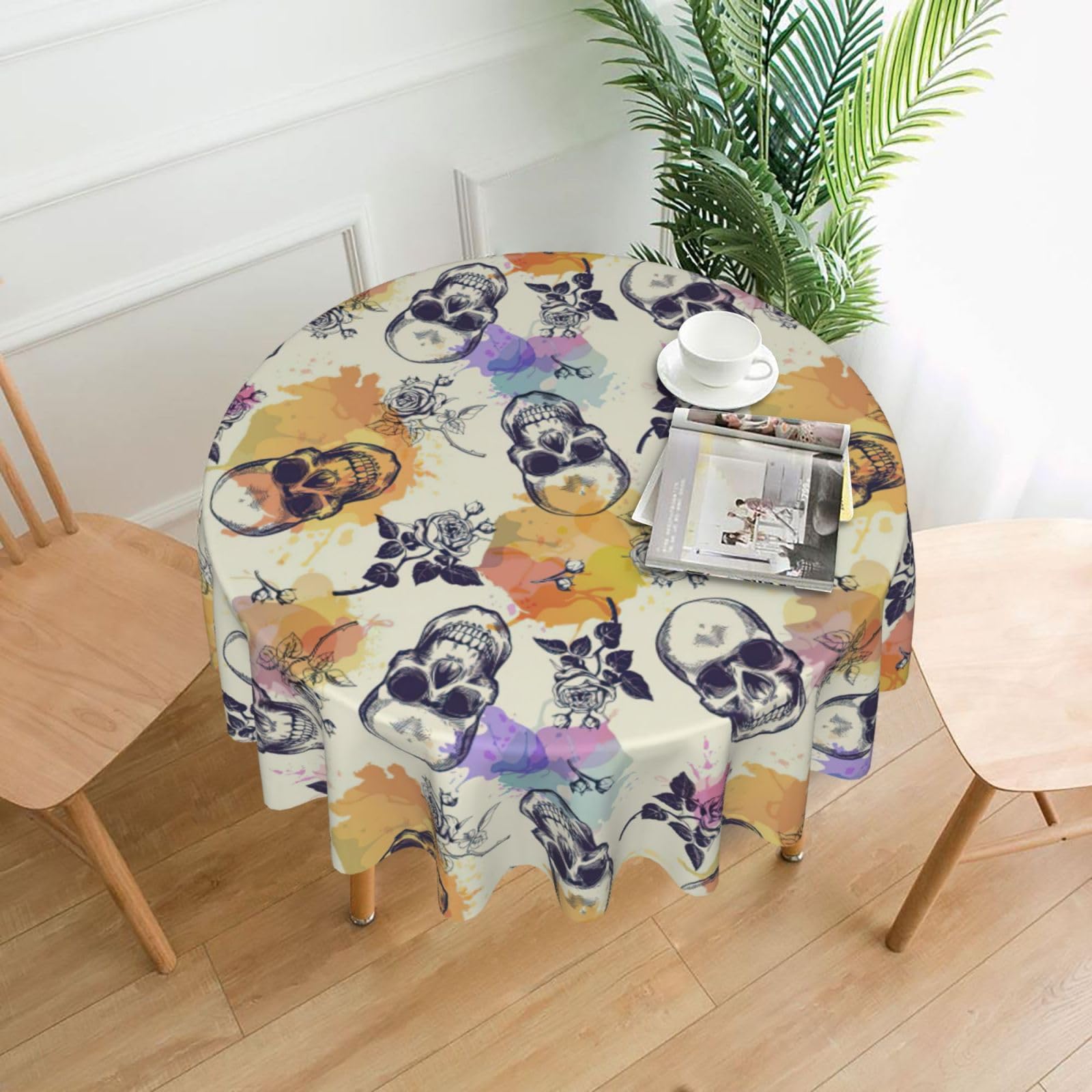 SDEGTHO Skull flower Print Modern Retro Round Tablecloth 60in Polyester Fabric Cover for Party Dining Table Washable