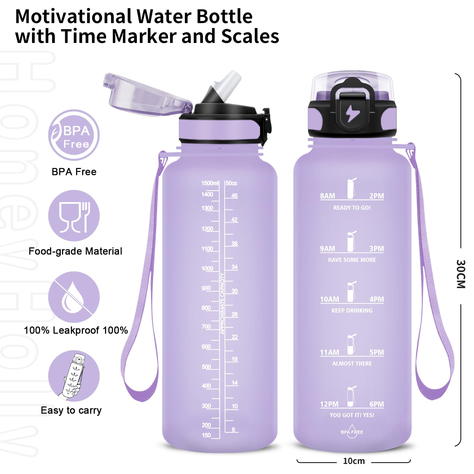 Grsta Borraccia - 1500ml - Borraccia Palestra senza BPA, Borraccia con Cannuccia, Borraccia Sportiva con Indicatore del Tempo Motivazionale, per Studio Fitness, Scuola, Ufficio - Nero Rosso