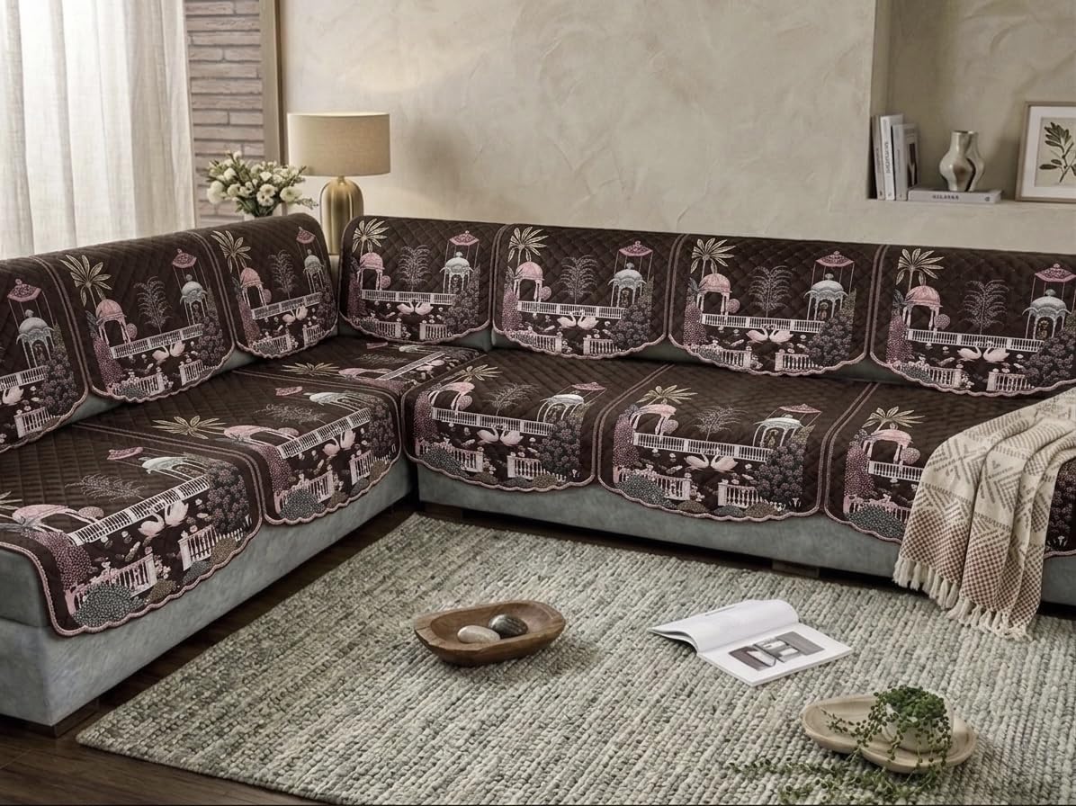 Polycotton L-Shape Sofa Cover Printed 4+3 Seate(Pack Off 14) (Wine)-image-26