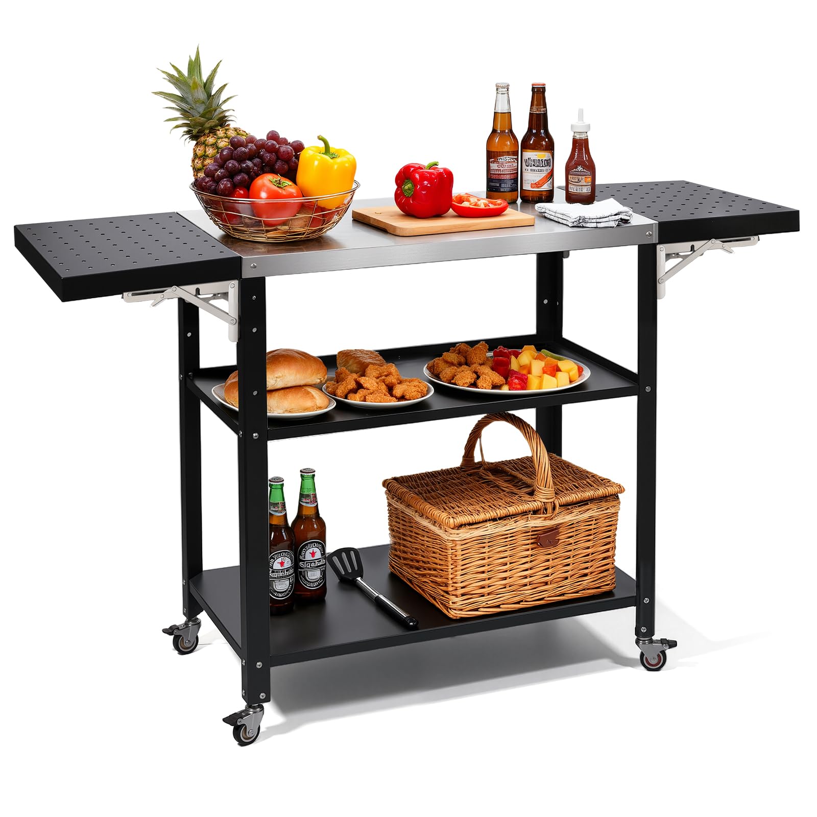 Gourmet Grilltisch Klappbar Servierwagen 3 Etagen Küchenwagen, Edelstahl Grillwagen Beistelltisch Outdoorküche mit Rollen, Mobiler Tischplatte für Garten Grill Camping Außenbereich