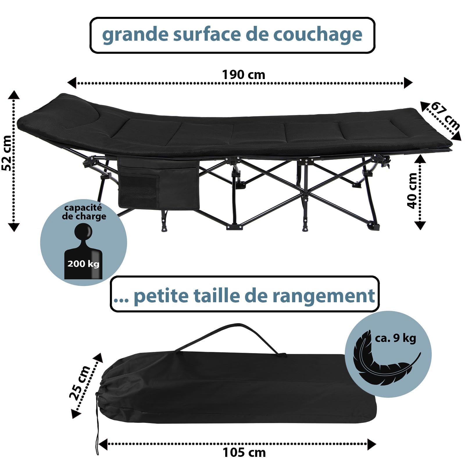 ALPIDEX Lit Camp Jusqu'à 200 kg Confortable Robuste Coussin Moelleux Pliable Lit d'Invité Chaise Longue Camping Jardin Plage, Couleur:Black