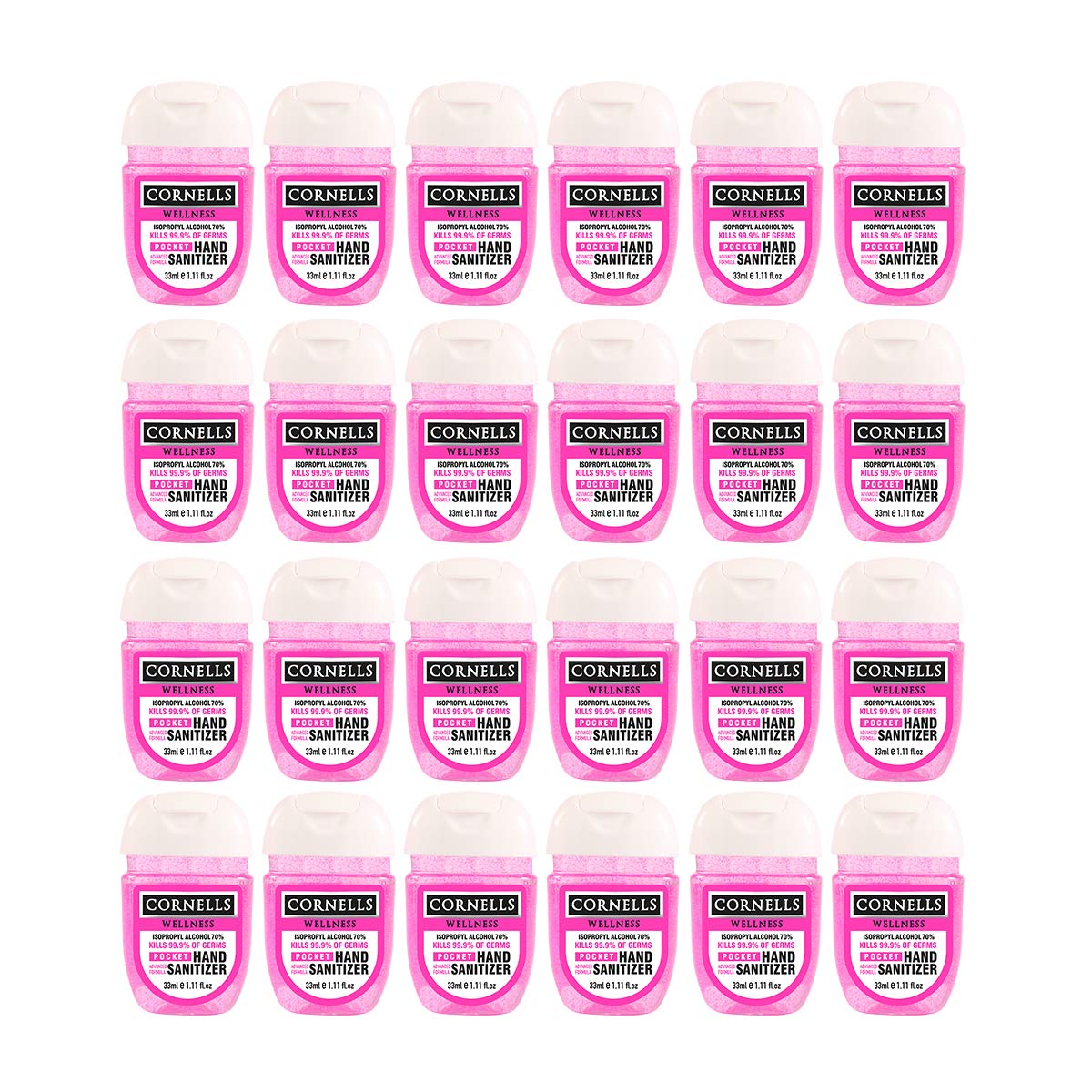 CORNELLSWellness Pocket Hand Sanitizer Gel, 33ml PACK OF 24 Pink, Advanced Formula, IPA 70%, Kills 99.99% of Germs, Antiseptic/Disinfectant