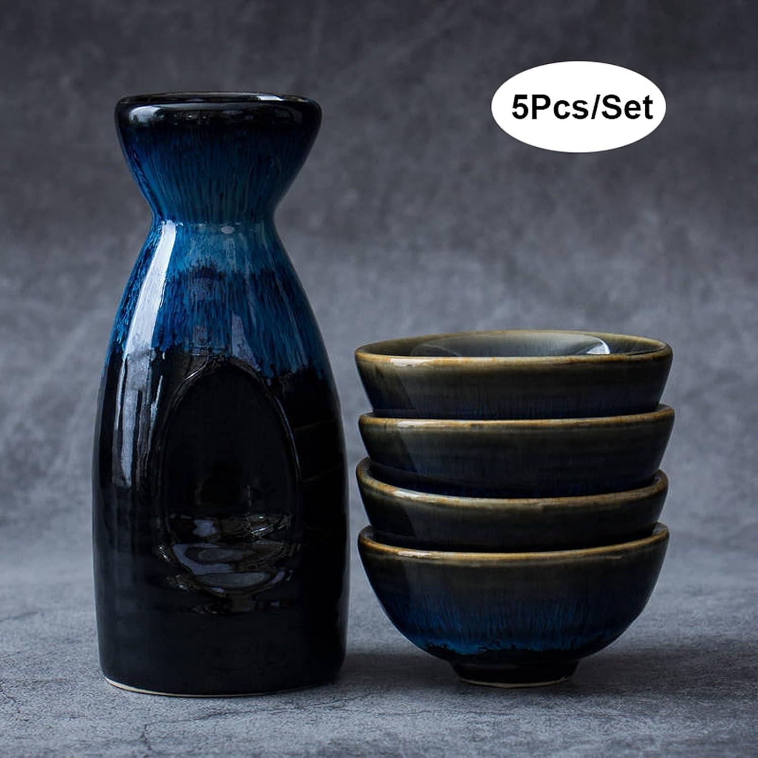 Sake-Set – 4 Keramik-Sake-Becher und 1 Topf, traditionelles Porzellan-Likör-Set, 5 Temperatur-Weingläser, ideal für Zuhause und Unterhaltung