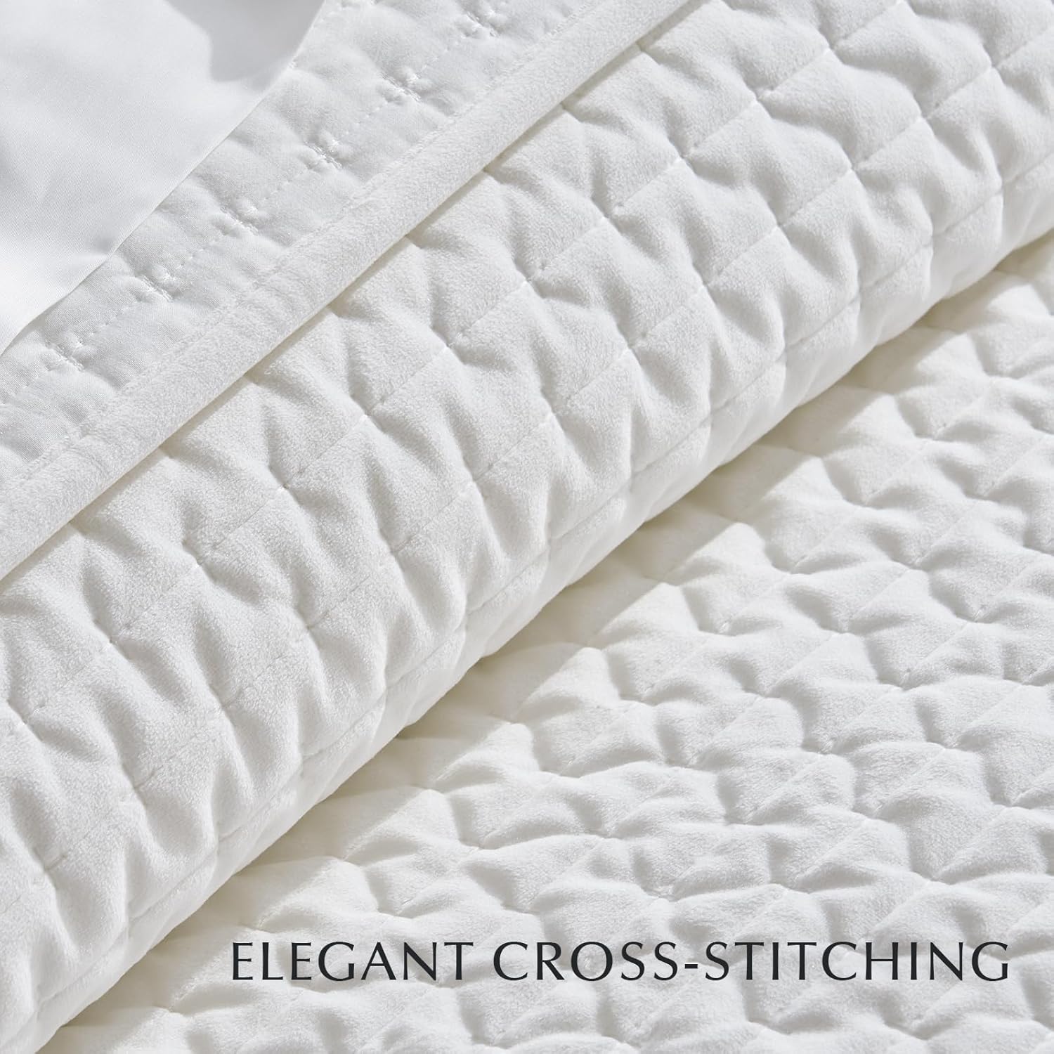 EVERGRACE Luxury Velvet Quilt Set Queen Size 3 Piece, Soft Cross-Stitch Velvet Comforter Set with Pillow Shams, Lightweight Coverlet Bedspread for All Seasons, Bright White - Image 4