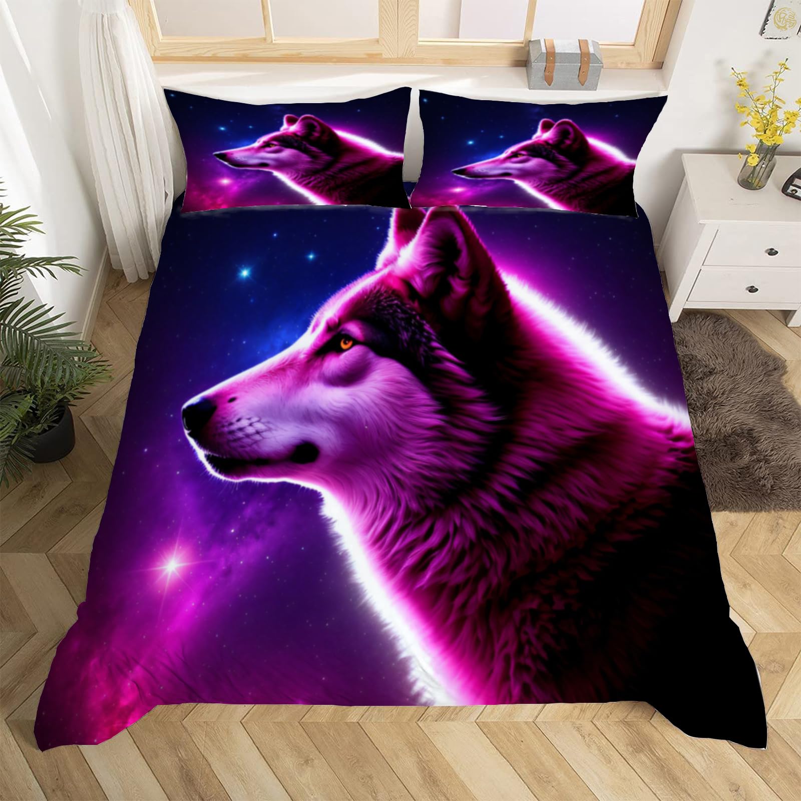 Housse de Couette 140x200 Loup Animal Sauvage Parure de Lit 1 Personne en Microfibre pour Adulte Ado Enfant avec Fermeture Éclair et 2 Taies d' oreiller