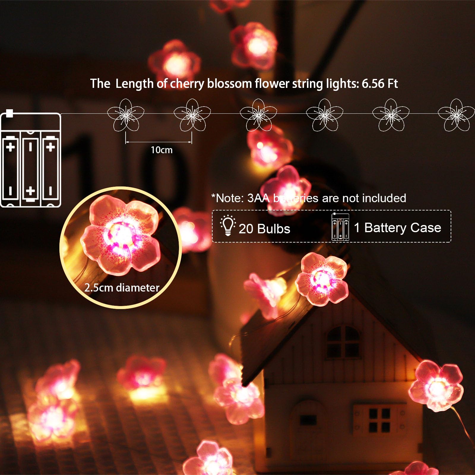 Łańcuch świetlny LED z kwiatami, łańcuch świetlny na baterie z timerem, 20 diod LED, 2 m, kwiaty wiśni, dekoracja na wiosnę, zasilanie bateryjne, dekoracyjne światła na imprezę, do sypialni, na Boże