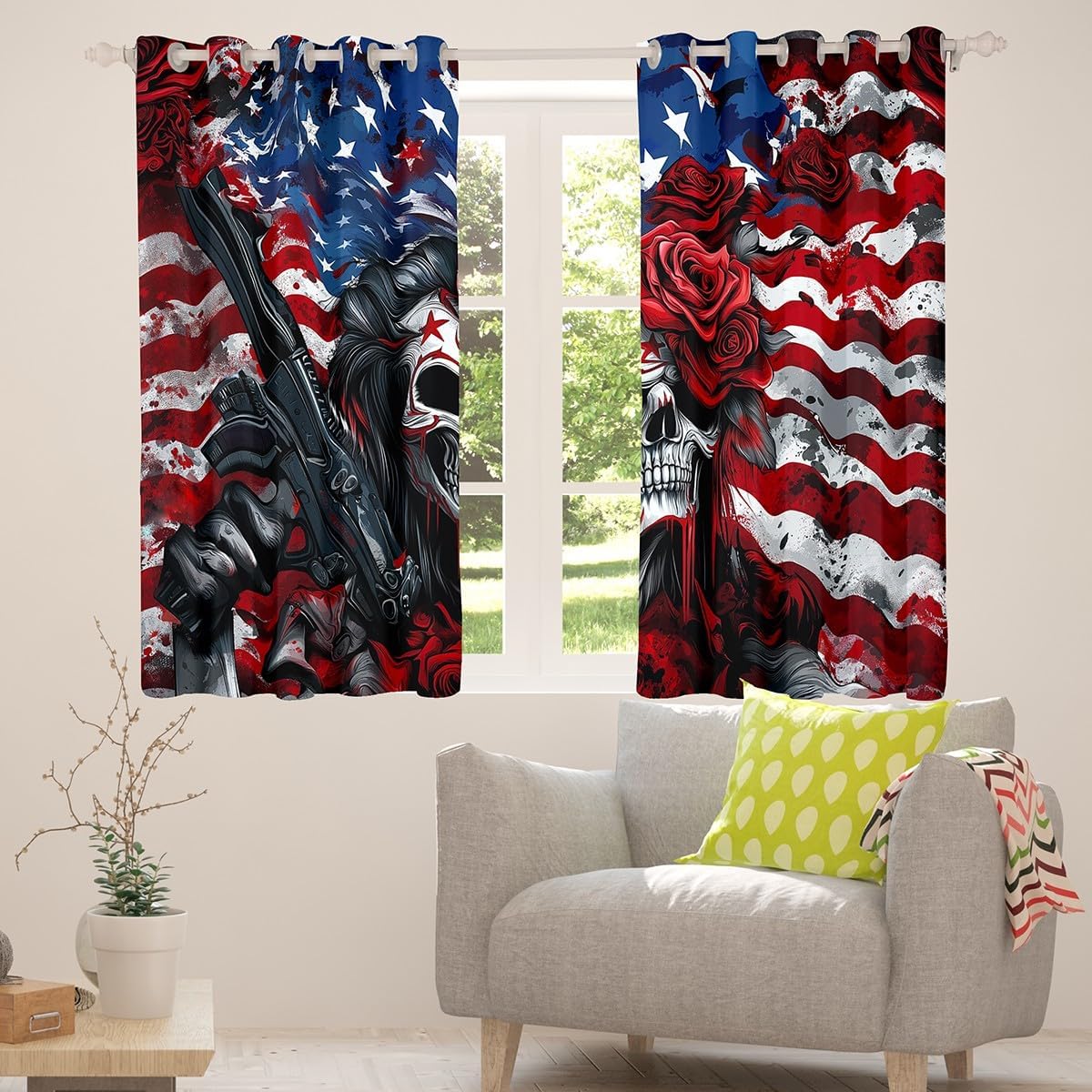 Manfei Skeleton Kids Blackout Curtain,Tie-dye Ink American Flag Roses Flowers Window Drapes for Boys Girls,Halloween Trippy Skull Red Grey Window Treatments Grommet Top 2 Panel Set,38Wx45L inch