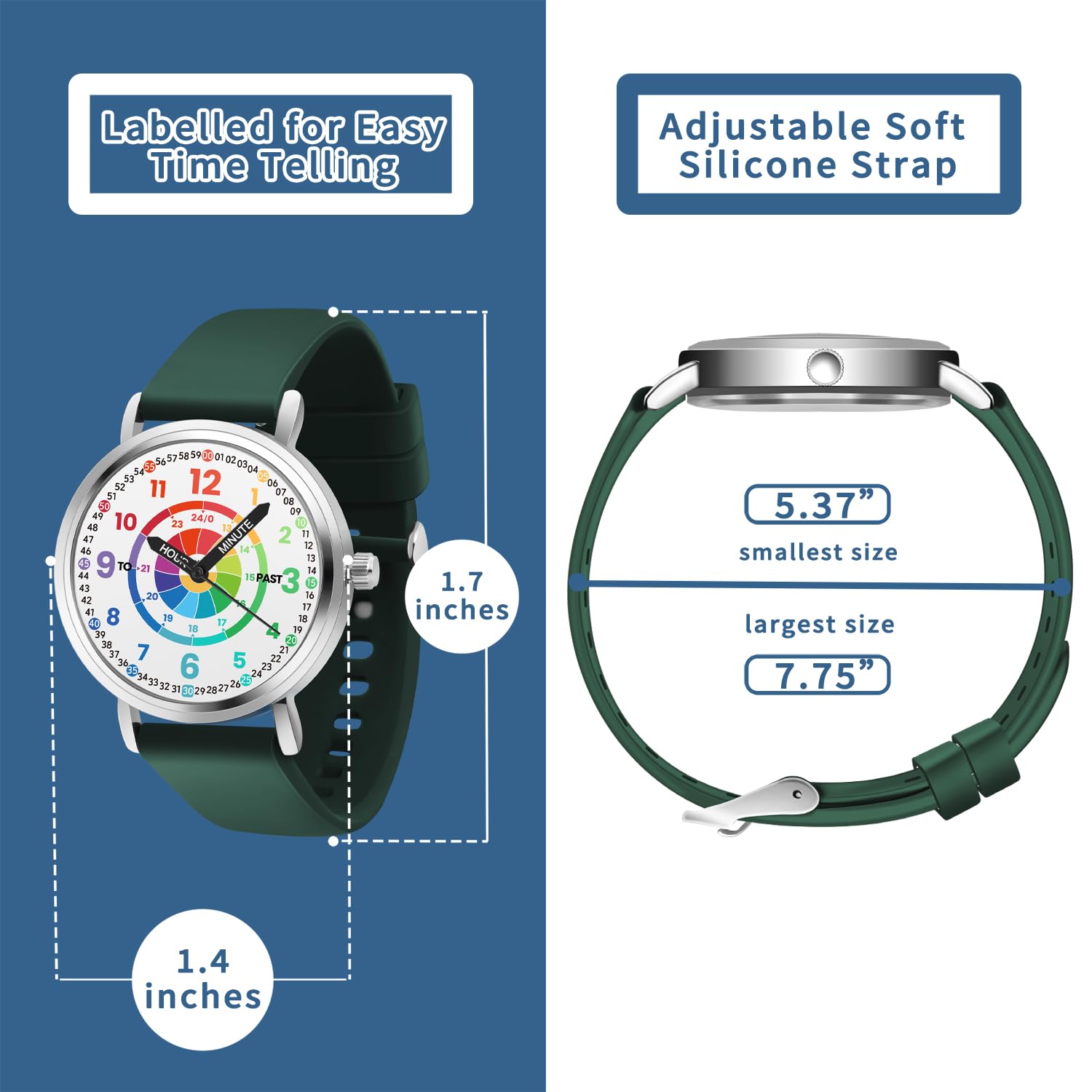 Relojes para niños, reloj de aprendizaje para niños, diana para niños pequeños, tiempo de aprendizaje y hora fácil de leer, reloj analógico para niños y niñas de 3 a 11 años, color verde