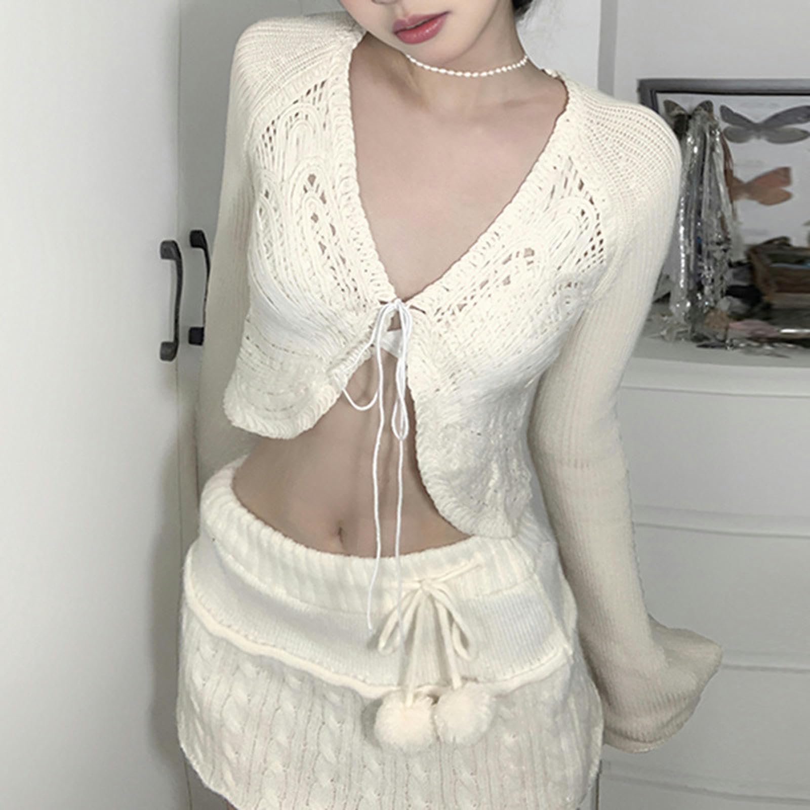 Schmetterlings-Häkel-Strickjacke mit brustförmigen Trompetenärmeln aus Wolle mit Schnürung, gestrickter, langärmliger Kleiner Mantel mit V-Ausschnitt – Weiß – M