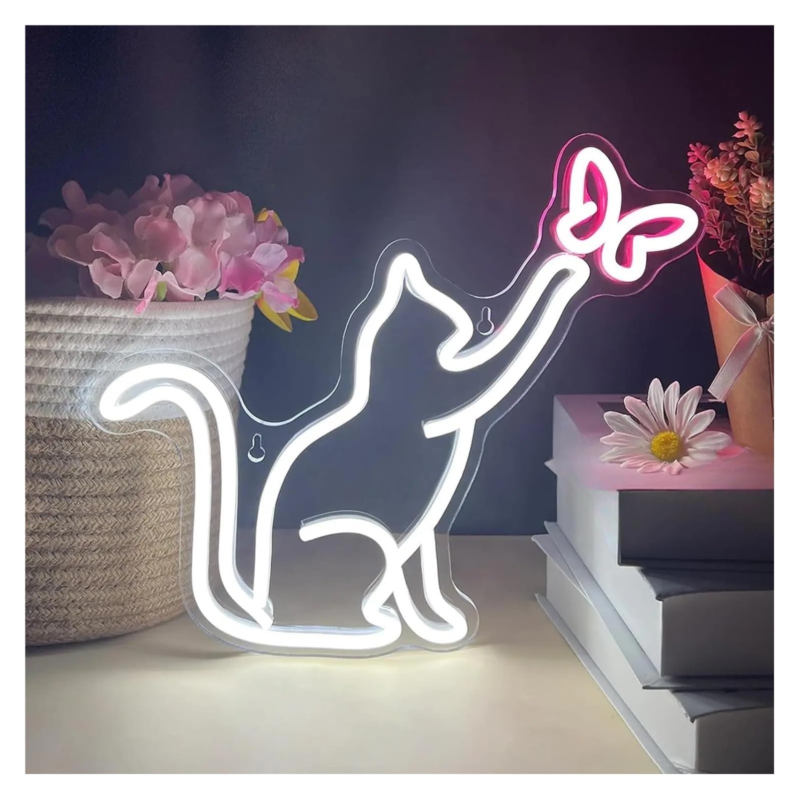 XENITE Luces Art Decoration Christmas Letreros De Neón Con Diseño De Gato Y Mariposa, Con Alimentación USB, Para Pared, Decoración Del Hogar, Lámpara Colgante Para Sala De Estar 29.5cmx33cm