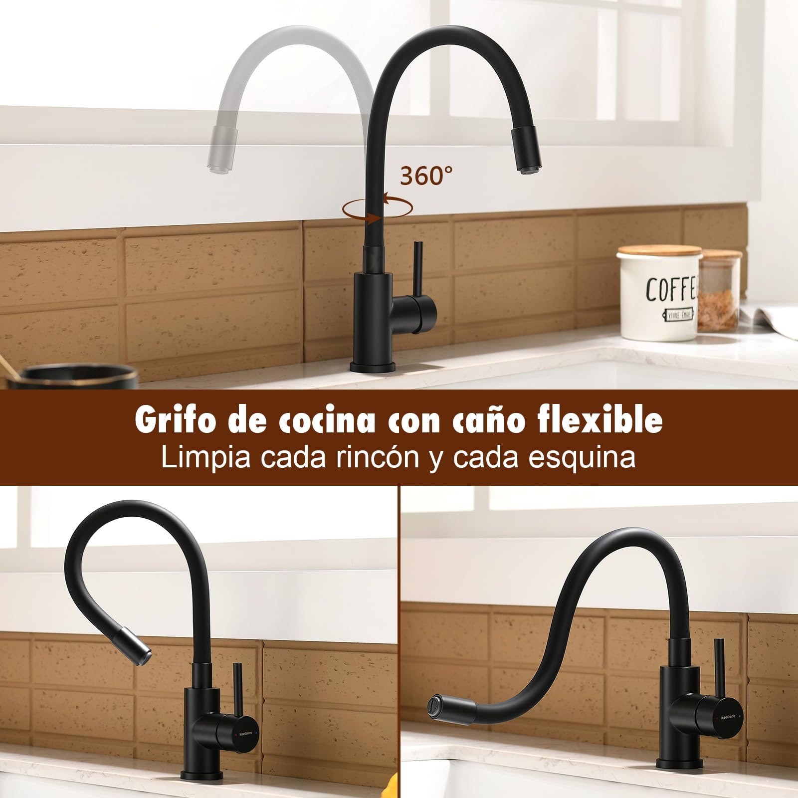 Grifo de Cocina Negro Cabezal Rociador Flexible, Extraíble Ahorrar Agua | Acero Inoxidable, Mezclador Giratorio de 360°, Aireador