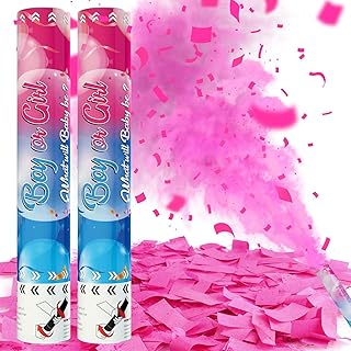 Gender Reveal Confetti Cannons Set of 2 Pink, Gender Reveal Confetti Powder Cannon, Gender Reveal Decorations and Baby Gender Reveal Party Supplies, 100% Biodegradable Confetti Poppers