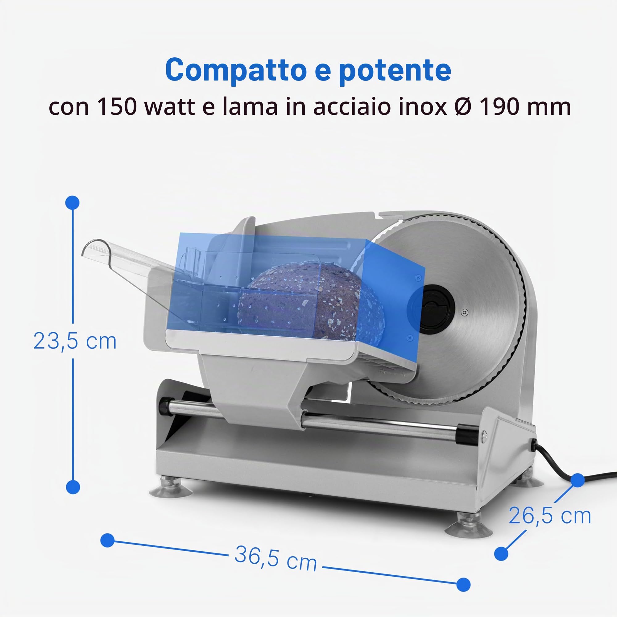 Affettatrice multiuso Clatronic Ø 190 mm lama in acciaio inox | affettatrice elettrica per pane | spessore di taglio regolabile (0-15 mm) | affettatrice | alloggiamento in metallo | 150W | MA 3585