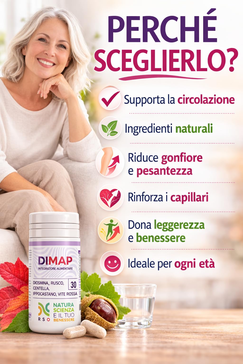 DIMAP Circulation Jambes Gonflées et Varices | Diosmina 500 mg, Centella, Rusco | 30 Capsules | Complément pour Lourdeur, Microcirculation et Capillari | Fabriqué en Italie