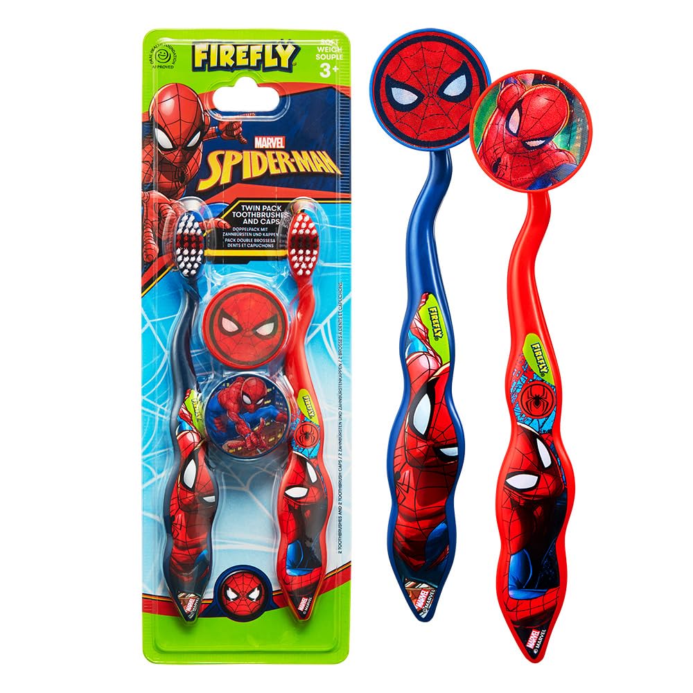 Firefly Spiderman Manual Toothbrush Duo + Travel Cap – 2-Pack for Little Heroes