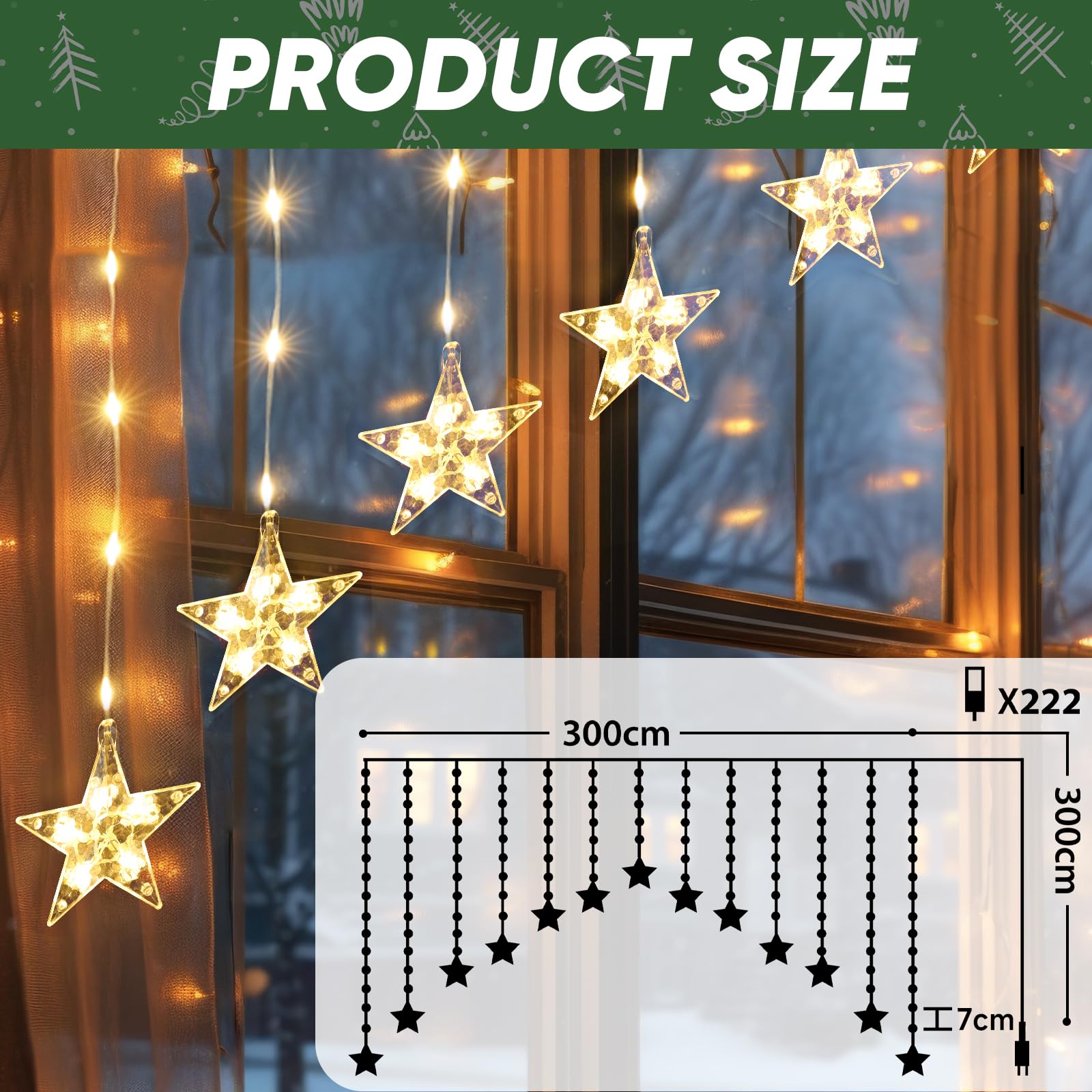 Rideau De Lumières LED étoiles 2x1m - 50 LEDs, Télécommande, 8 Modes, Dimmable, Blanc Chaud