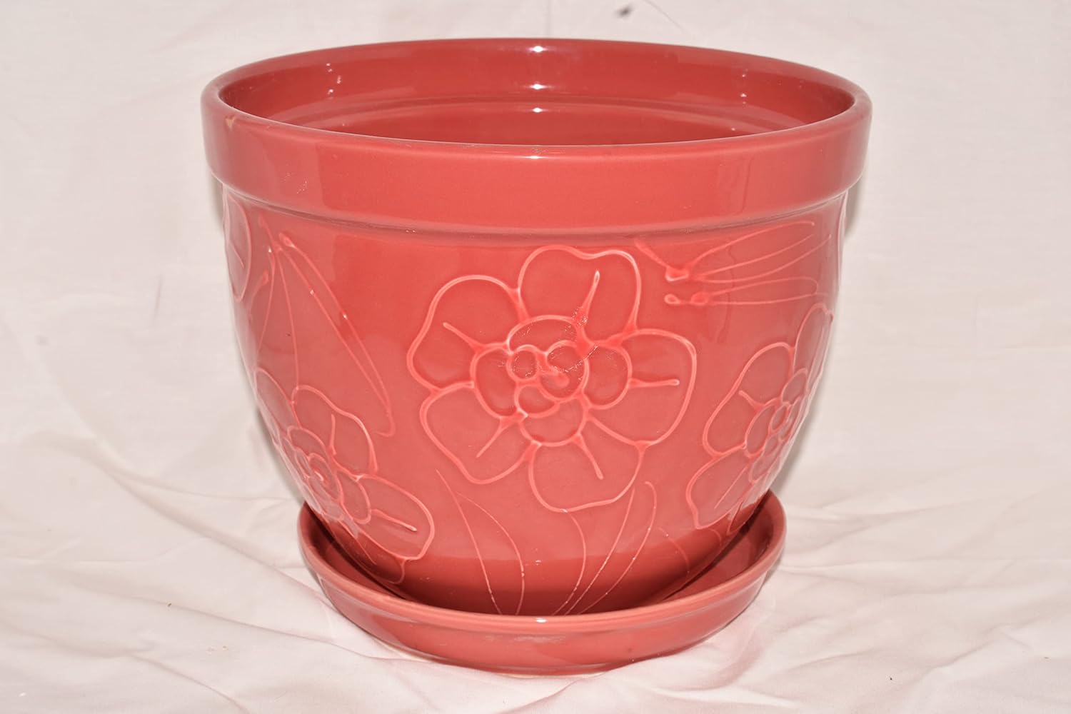 New 9" Raised Flowers & Stems Salmon Color Planter Plant Pot & Saucer