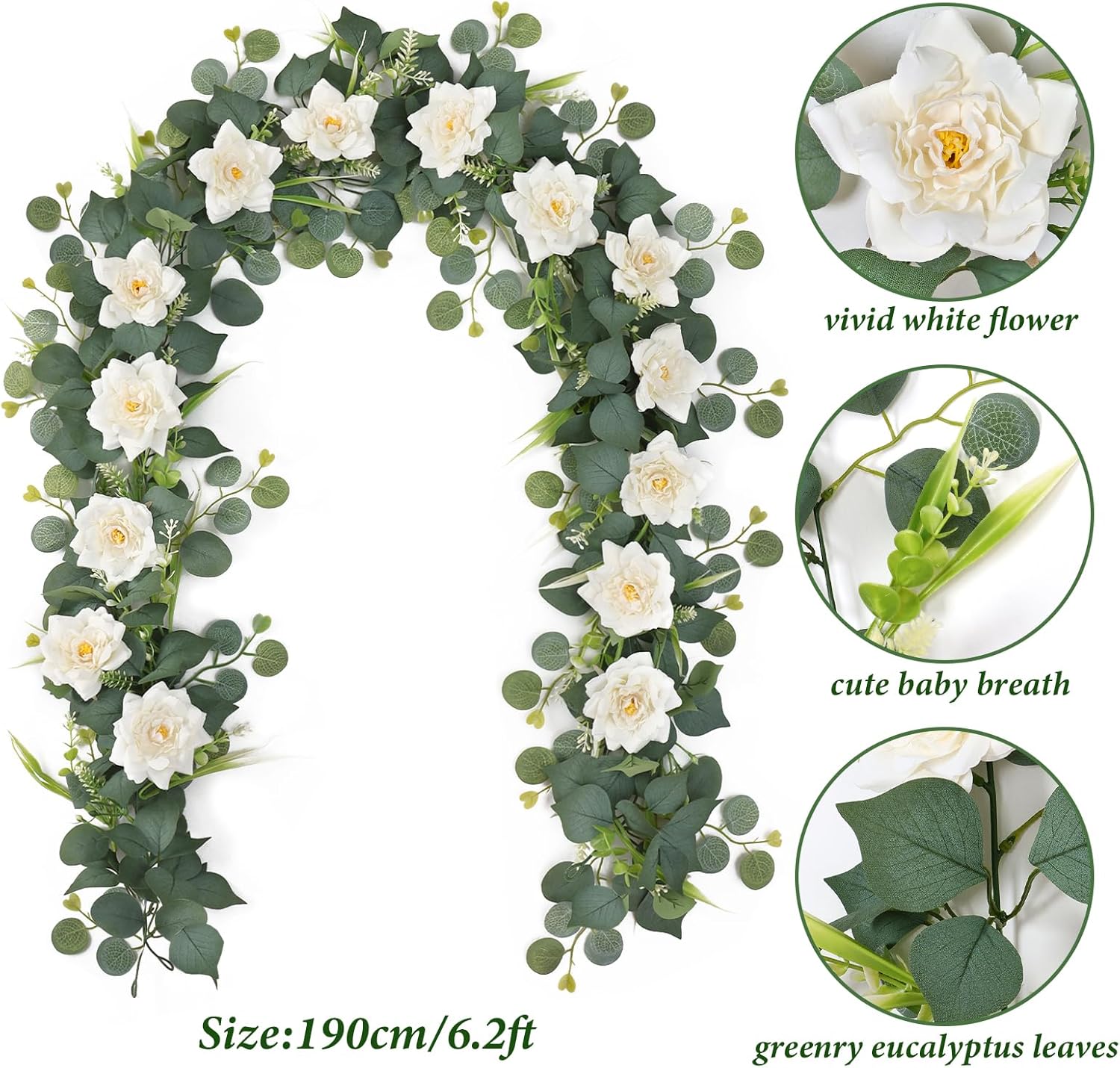 4PCS Flower Garland 6.2FT Artificial Rose Flowers Garland Wall Vines Greenery White Roses Eucalyptus Garlands for Wedding Table Runner Arches Backdrop Party Centerpiece Decor (White Rose, 4PCS)