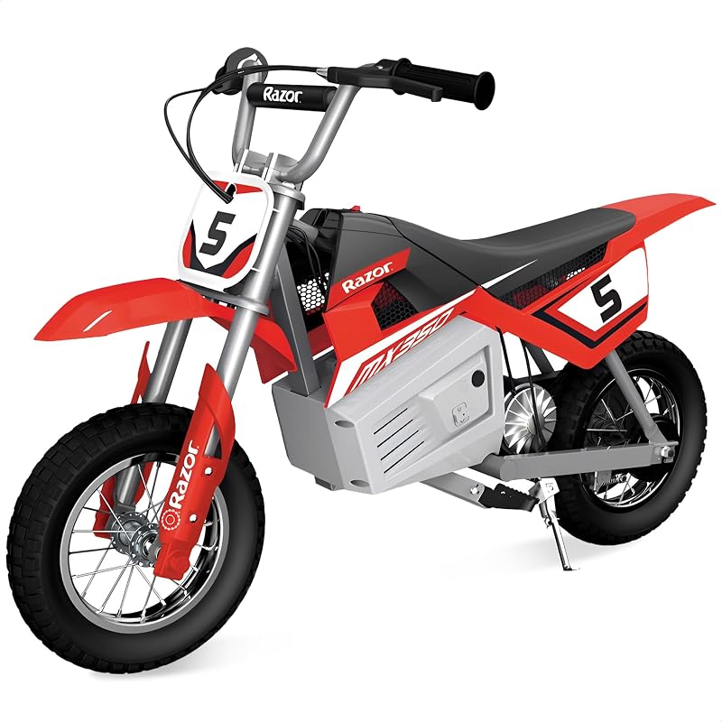 Bicicleta eléctrica Razor MX350 Dirt Rocket para niños a partir de 8 años, peso máximo de 140 lb, roja, batería de 24 V, hasta 14 mph, tiempo de conducción de 30 minutos a alta velocidad, acelerador giratorio, ruedas con radios y neumáticos de 12 pulgadas