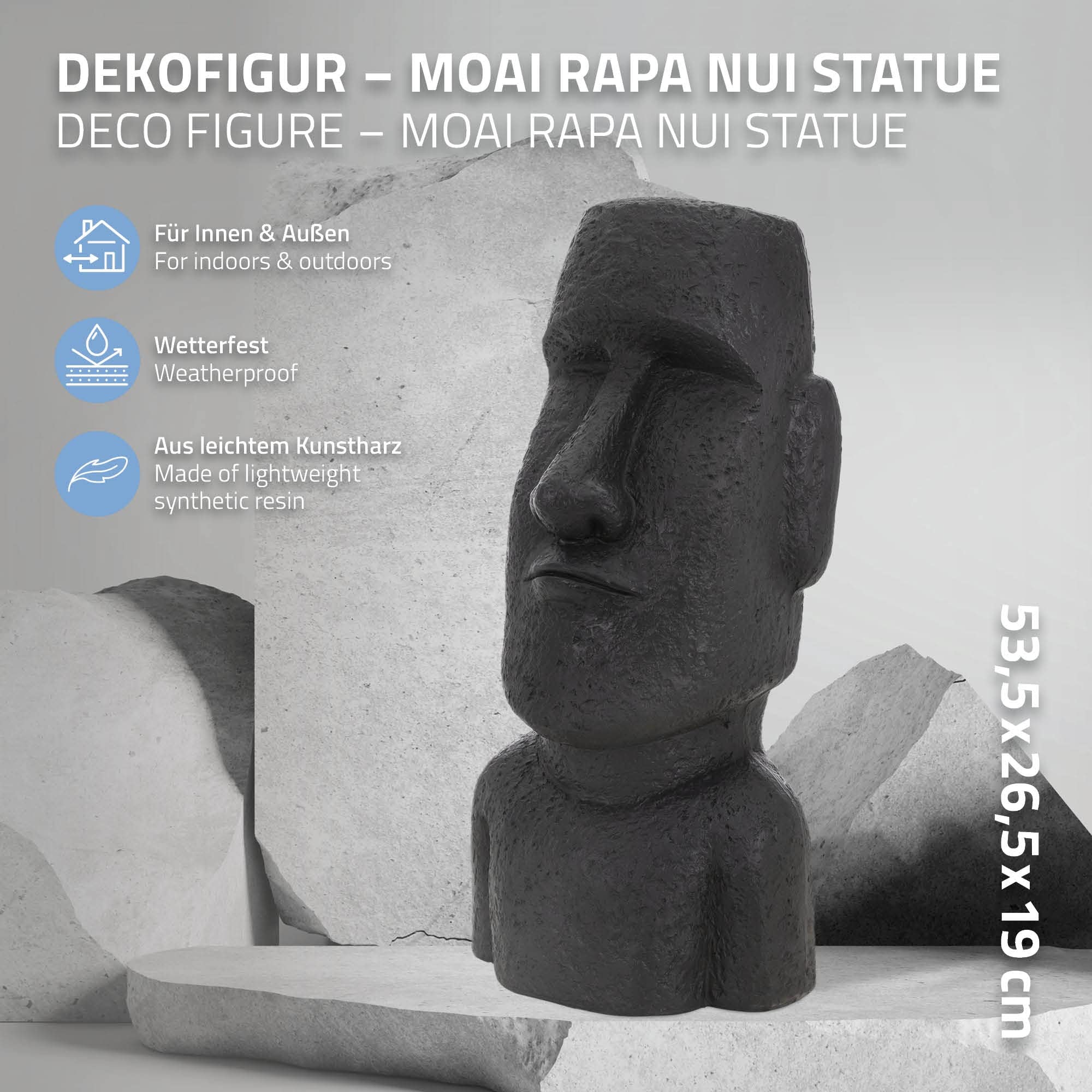 ECD Germany Testa Moai Rapa Nui Figura Alta 53,5 cm Resina Sintetica Poliresina Fusa Resistente alle Intemperie Antracite Statua dell'Isola di Pasqua Decorazione Casa Giardino Scultura Interno/Esterno