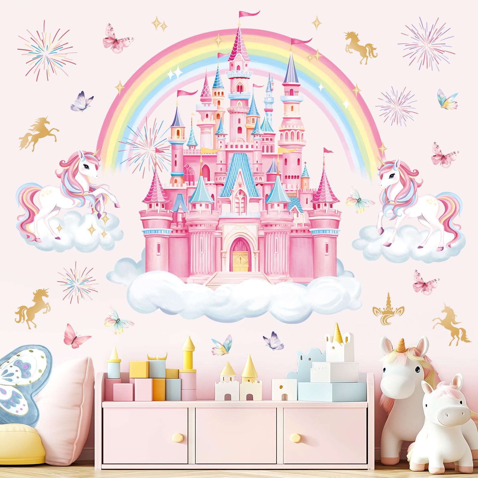 decalmile Pegatinas de Pared Arcoíris Castillo Grande Vinilos Decorativos Unicornio Arcoiris Mariposa Nubes Adhesivos Pared Habitación Niña Infantiles Bebés Guardería
