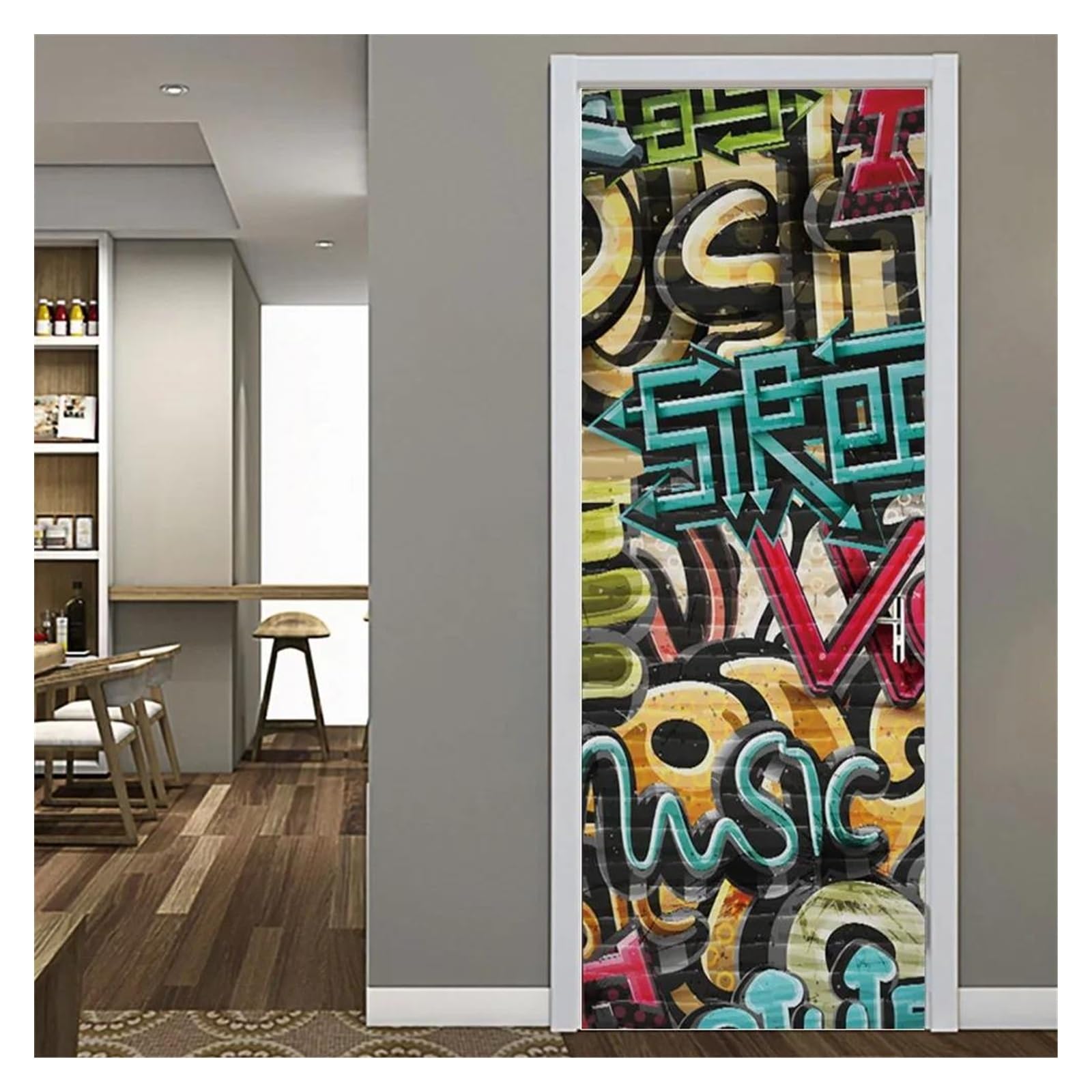 Sticker de porte graffiti coloré art hip hop 40x120cm pour déco chambre ado