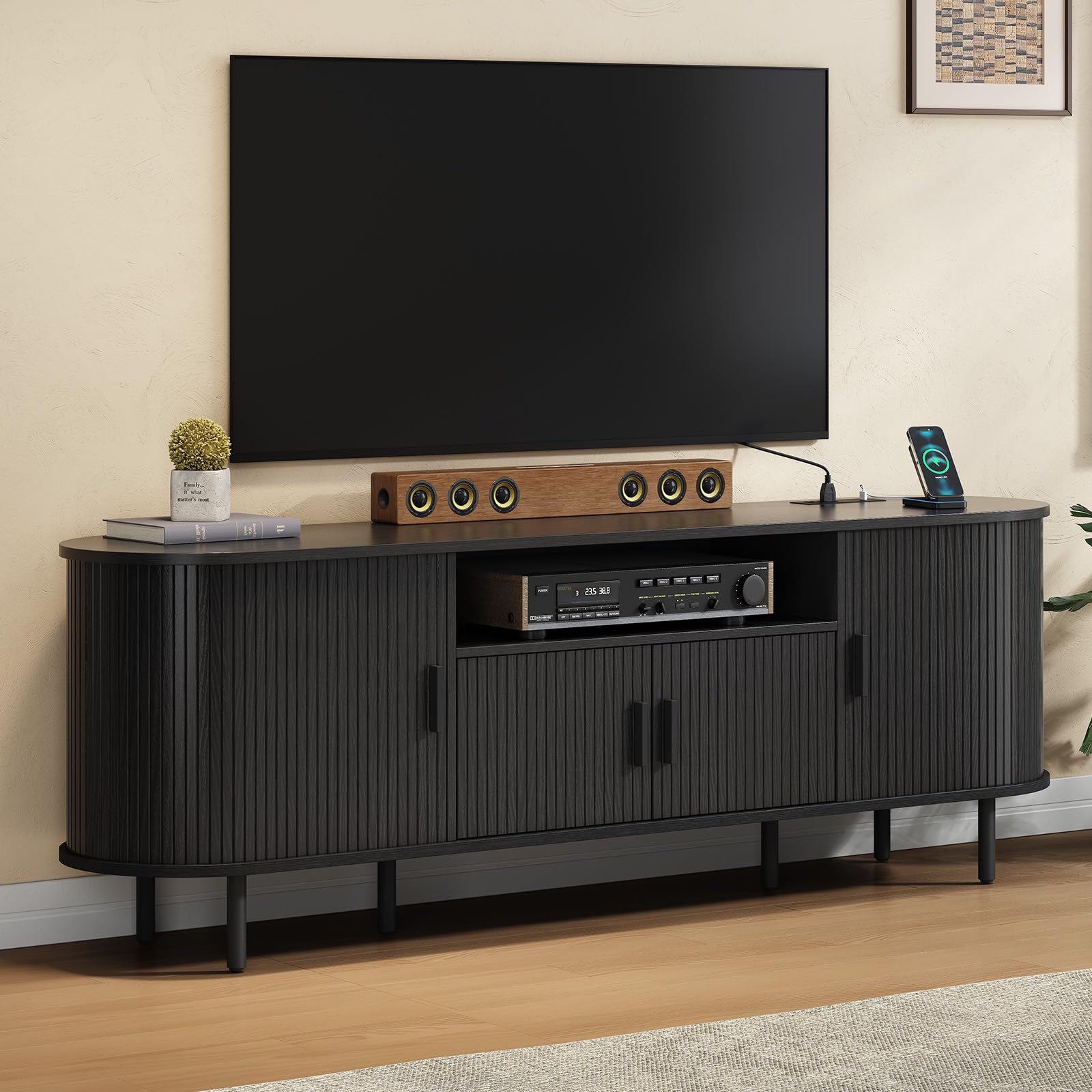 Fluted Black TV Stand with Power Outlet