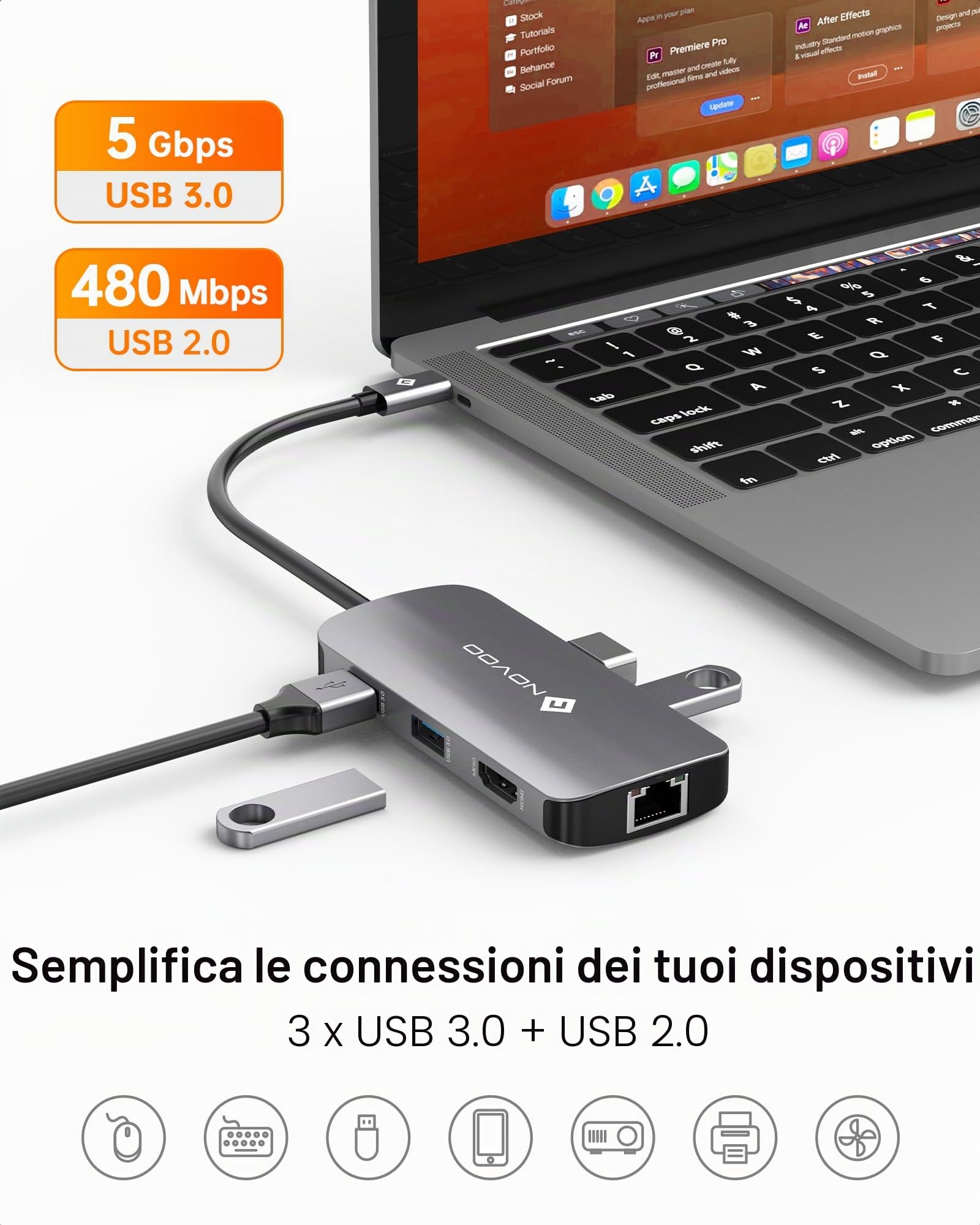 Hub USB C, NOVOO 7 in 1 multiporta Adattatore da HDMI 4K, Ethernet RJ45, 3 USB 3.0 & USB 2.0, tipo C 100W PD Docking Station Compatibile con MacBook Pro/Air,Surface Pro/Go,Pad Pro/Air,Dell,HP