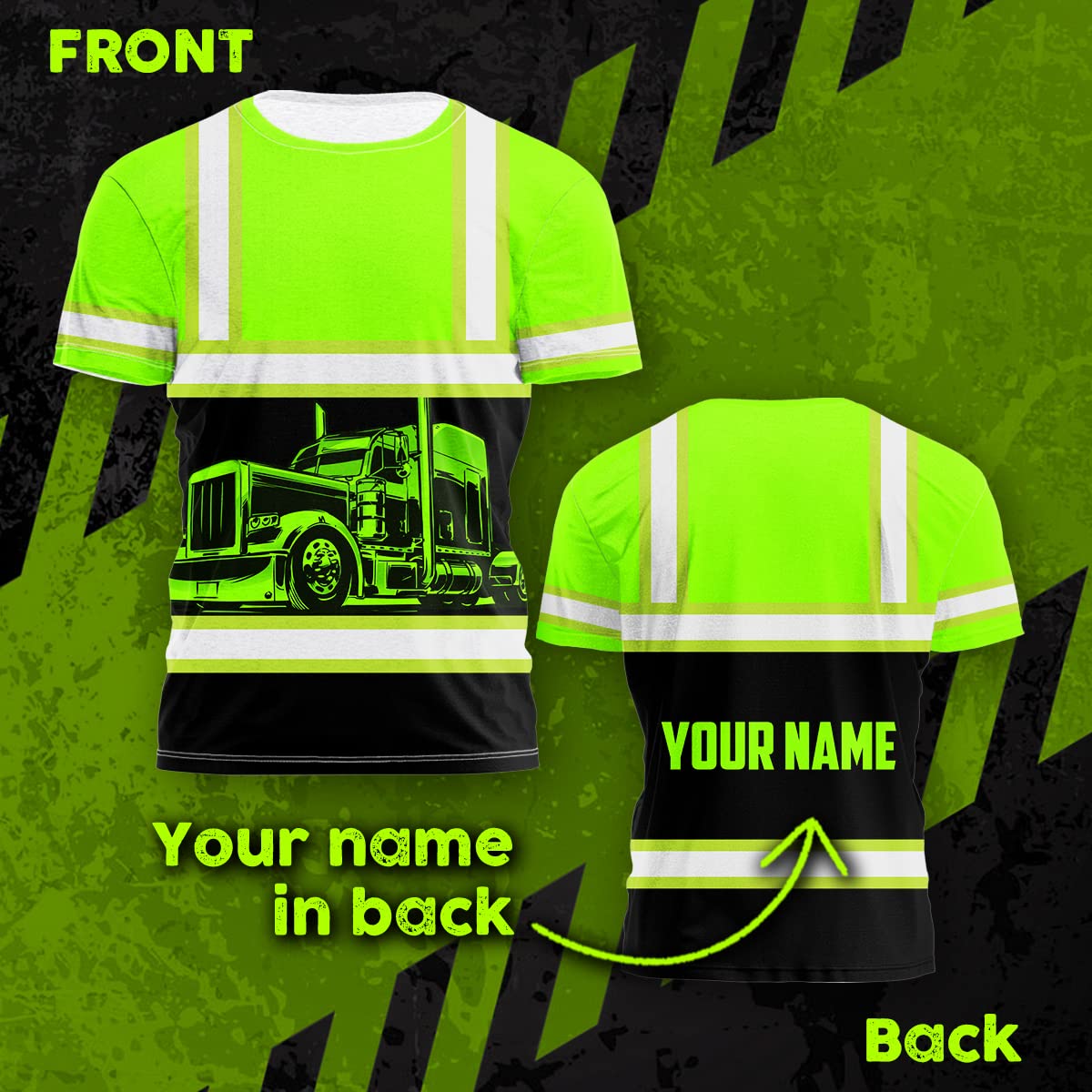 Matedecor Safety Shirt Green Semi Truck Driver Customize Name High Visibility Shirt for Men Reflective Shirt Hi Vis Shirt Workwear for Runners, Walkers, Trucker, Operator, Patriotic-2XL