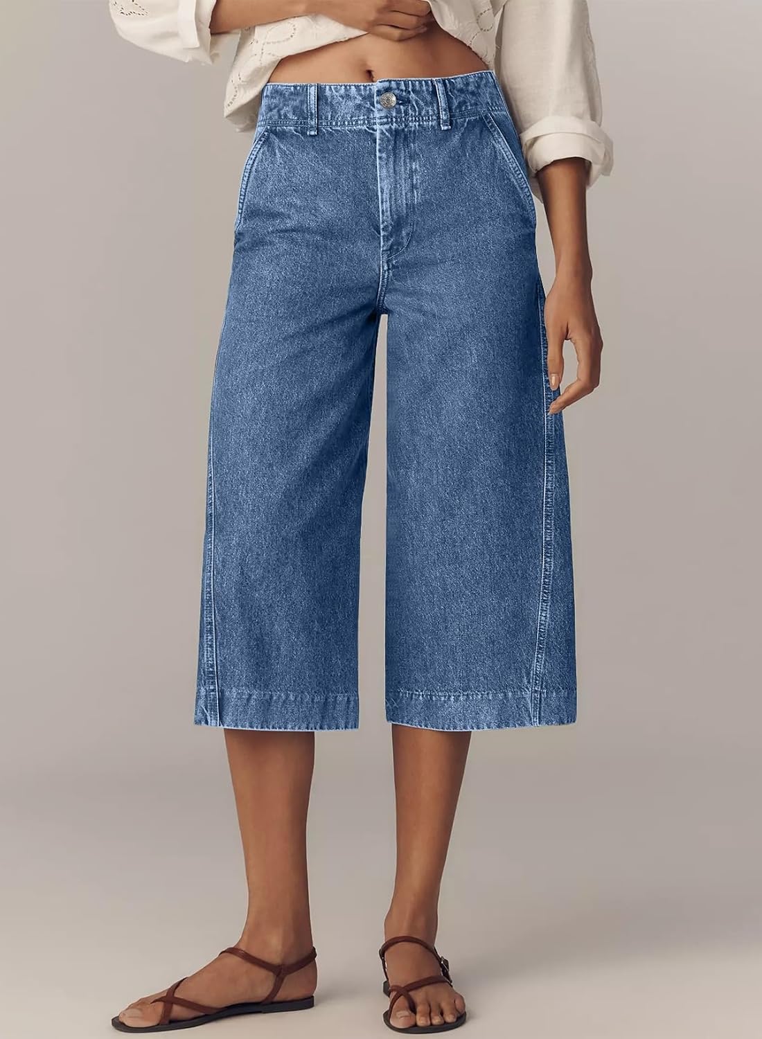 Astylish Capris Jeans for Women Wide Leg High Waisted Stretchy Jean Pants with Slanted Pockets - Image 2