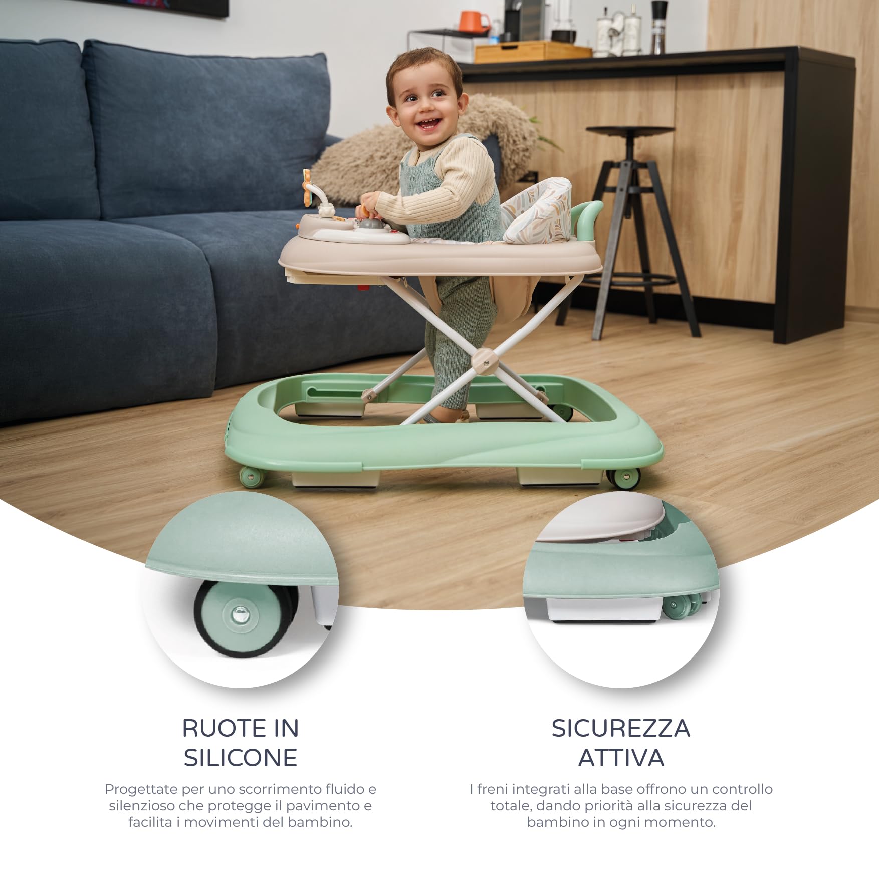 MS BabyWorld – Girello BASIC PLUS – Girello per Bambini con Vassoio Interattivo di Giochi con Suoni | Base Antiribaltamento | Tacatà con Ruote in Silicone e 3 Posizioni di Altezza