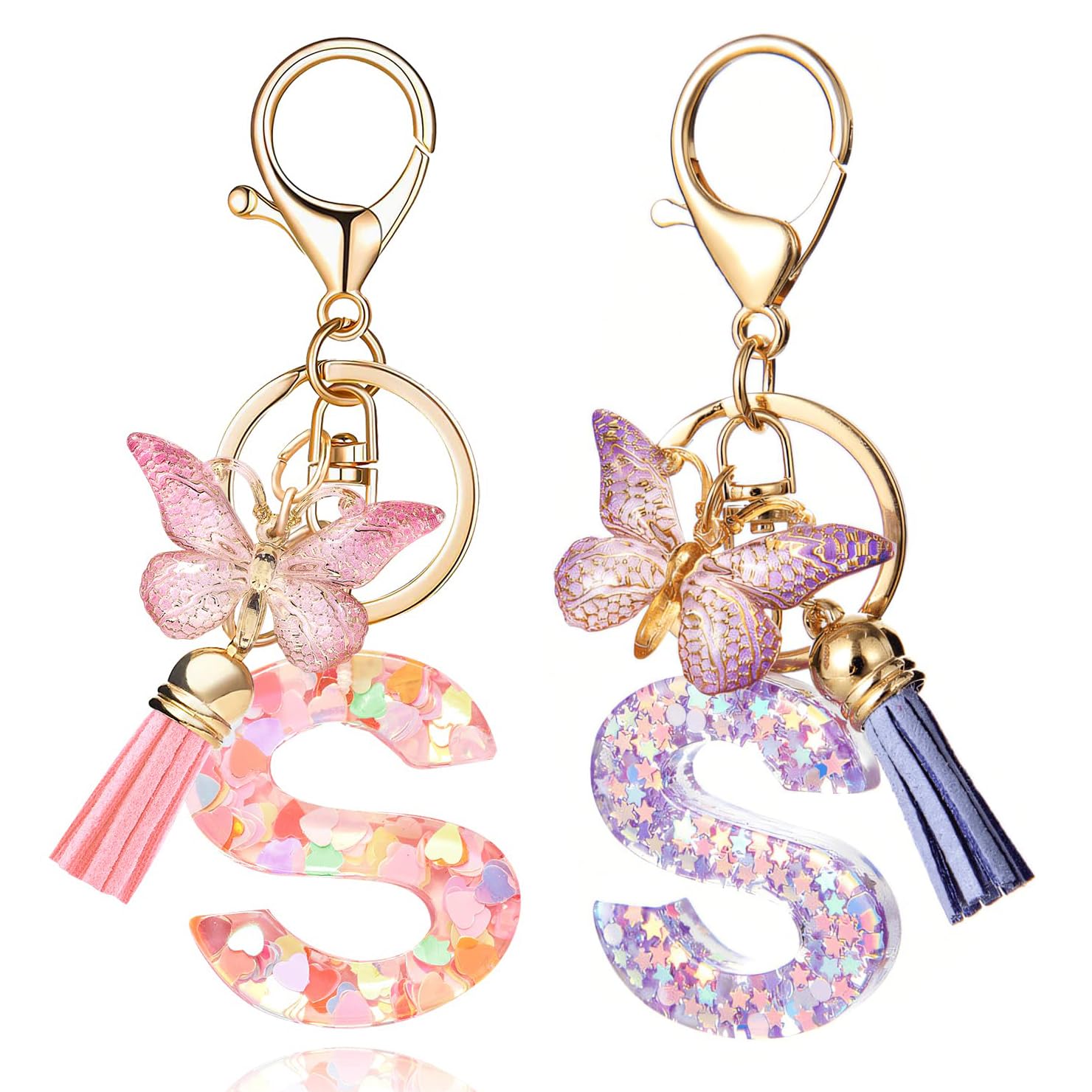 2PCS Fashion Alphabet Initial Letter Keychain Tassel Butterfly Pendant Key Ring for Purse Handbags Women Girl