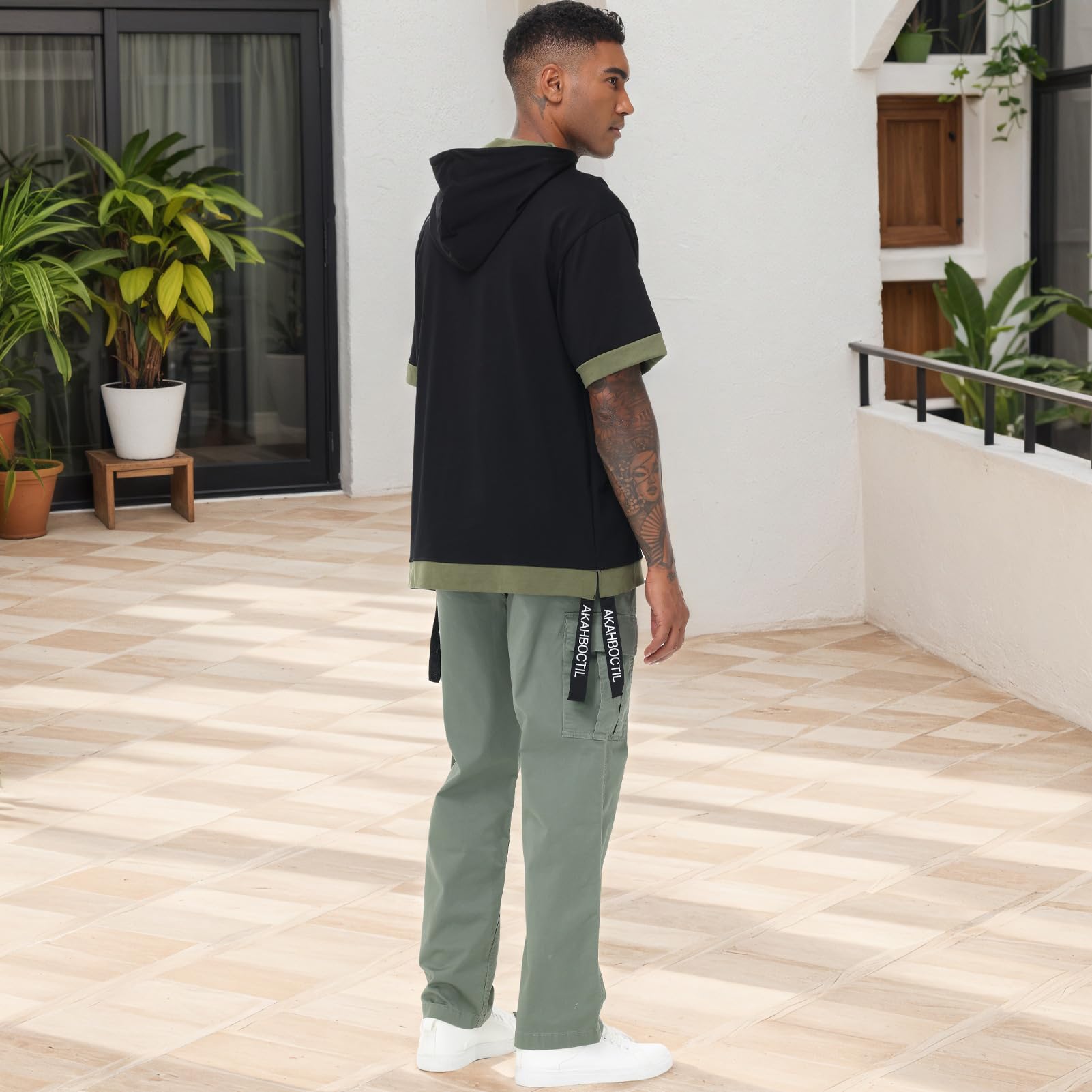 Felpa Maniche Corte con Cappuccio Uomo Color Block Maglietta con Cappuccio Estate Hoodie T-Shirt Sweatshirt