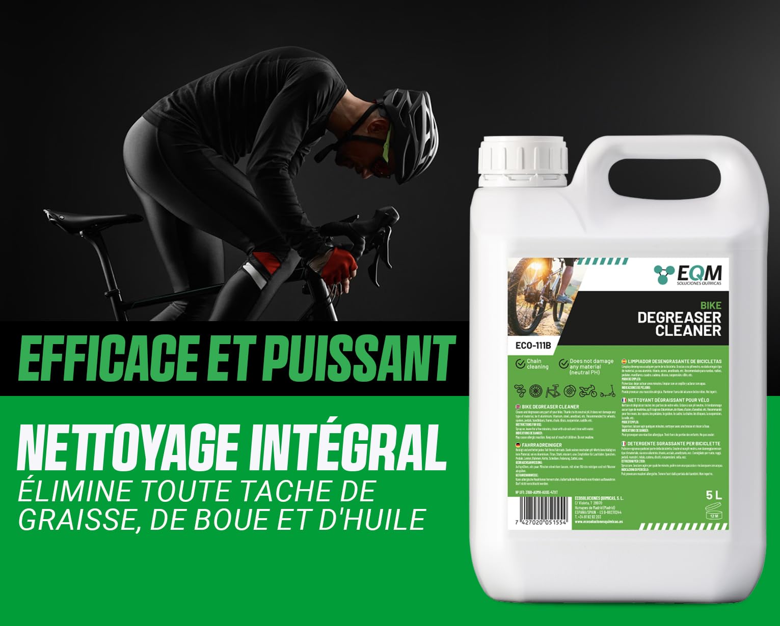 EQM - ECO-111B - Dégraissant pour Vélo - 5L - pH Neutre, Protège Toutes les Pièces - Dégraissant pour Chaînes