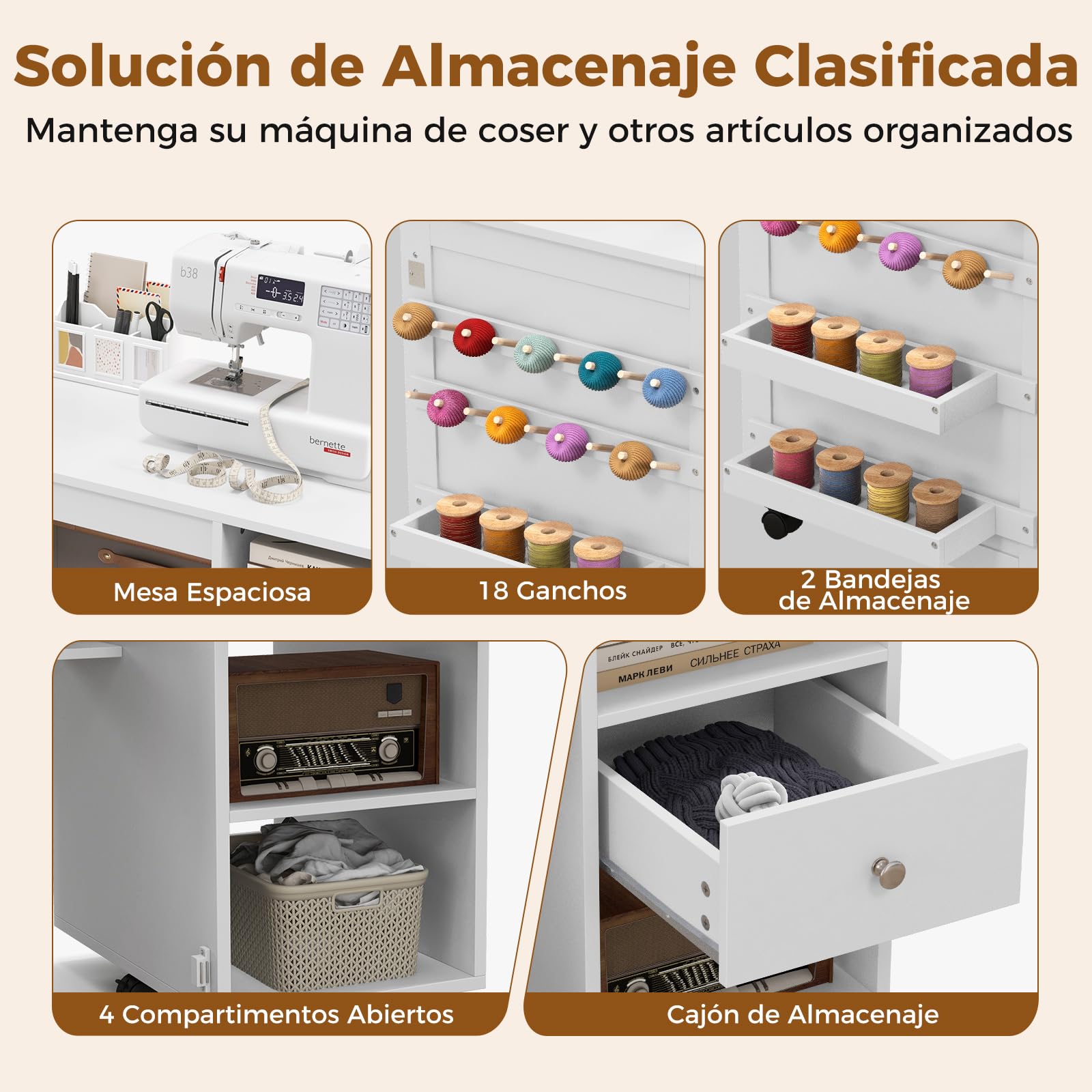 COSTWAY Armarios de Costura, Mesa Plegable de Costura Multifuncional con 3 Estantes de Almacenamiento, 18 Ganchos y 2 Soportes para Hilos, Mesa de Trabajo de Costura Portátil con 6 Ruedas Bloqueables