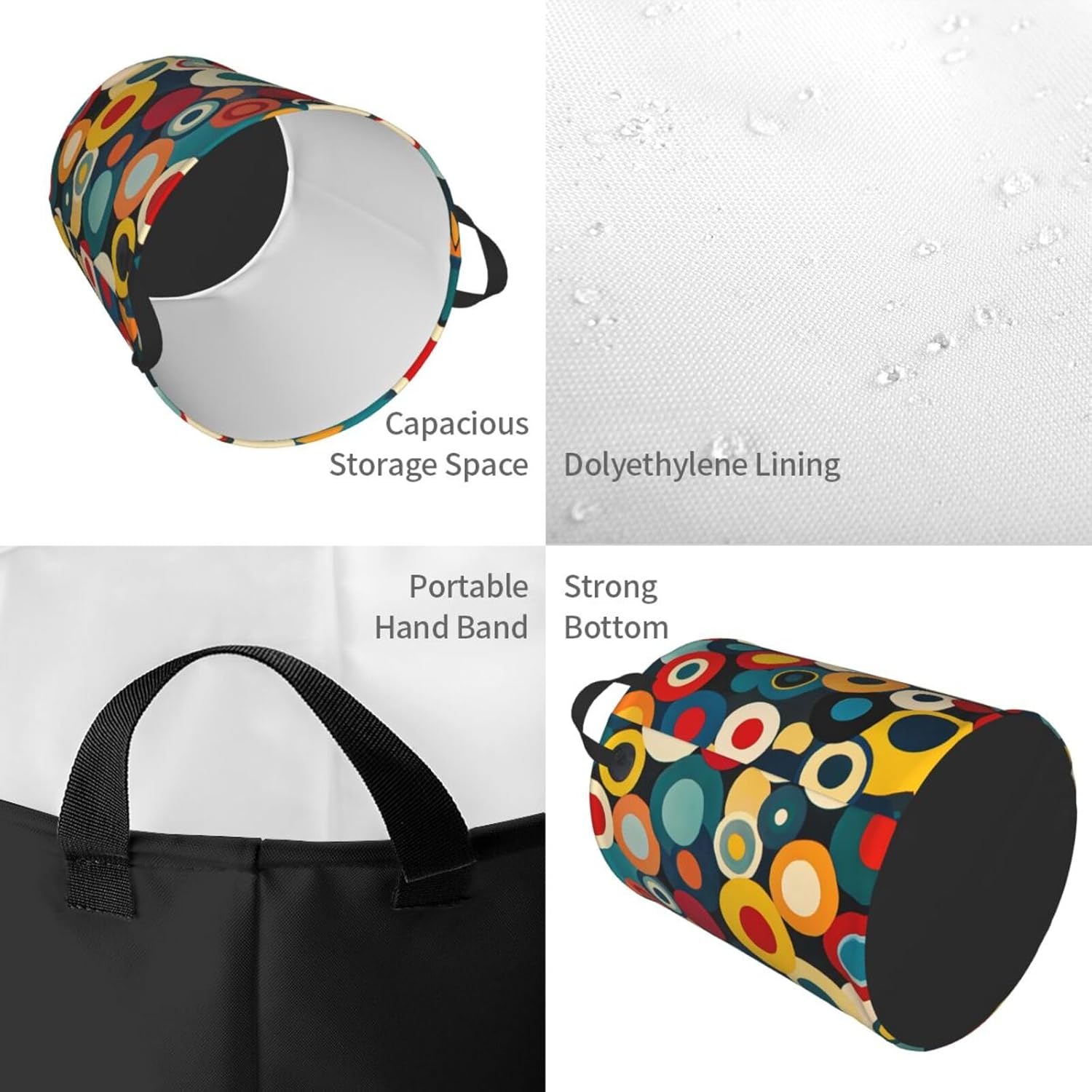 Colorful polka dots Round Single-layer Laundry Basket, Portable Storage Laundry Basket, Bedroom Clothes Storage Basket with Handle