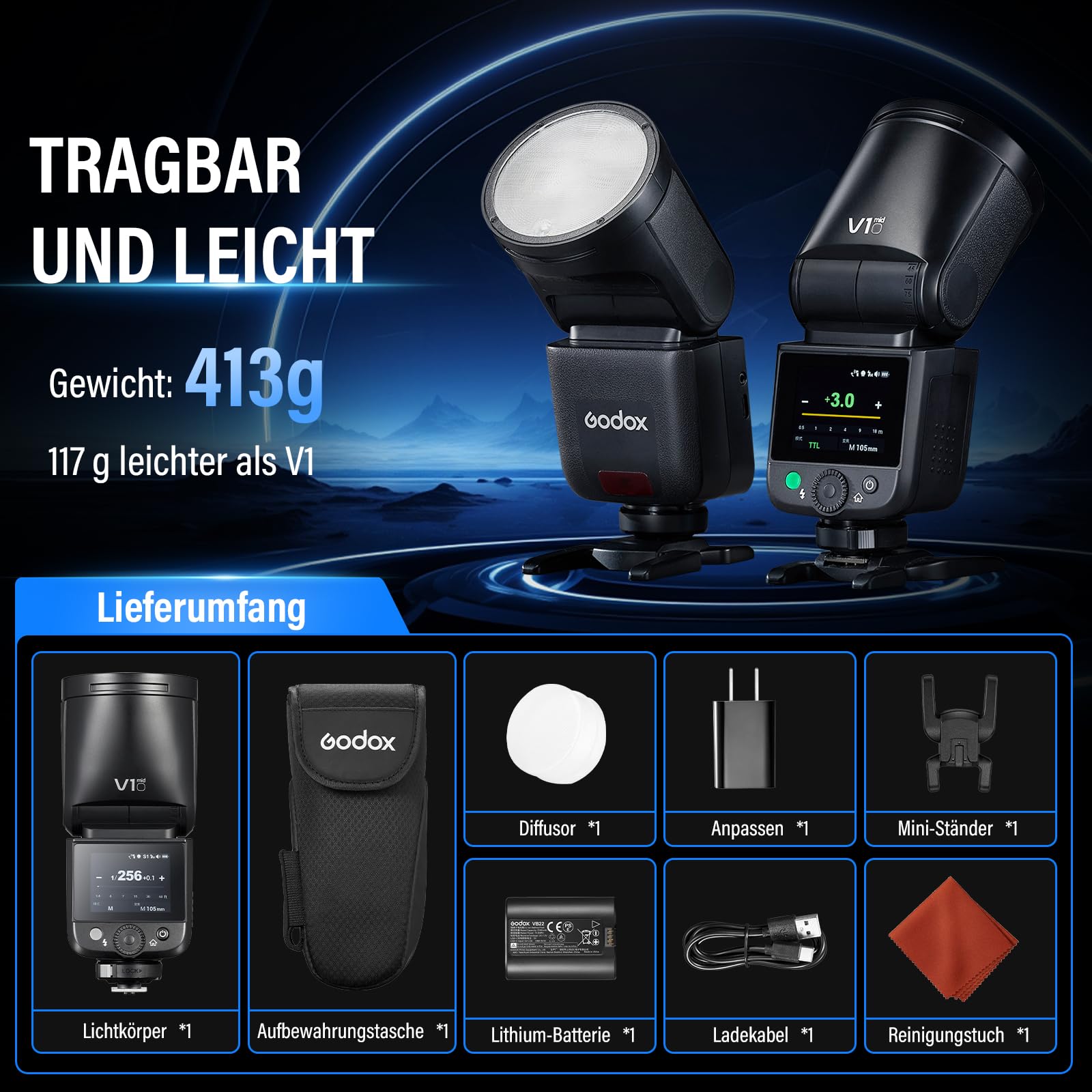 Godox V1 Mid C Flash Fotocamera 55Ws Speedlite Testa Rotonda TTL 2,4G HSS 1/8000s USB-C Compatibile Canon EOS R5 R8