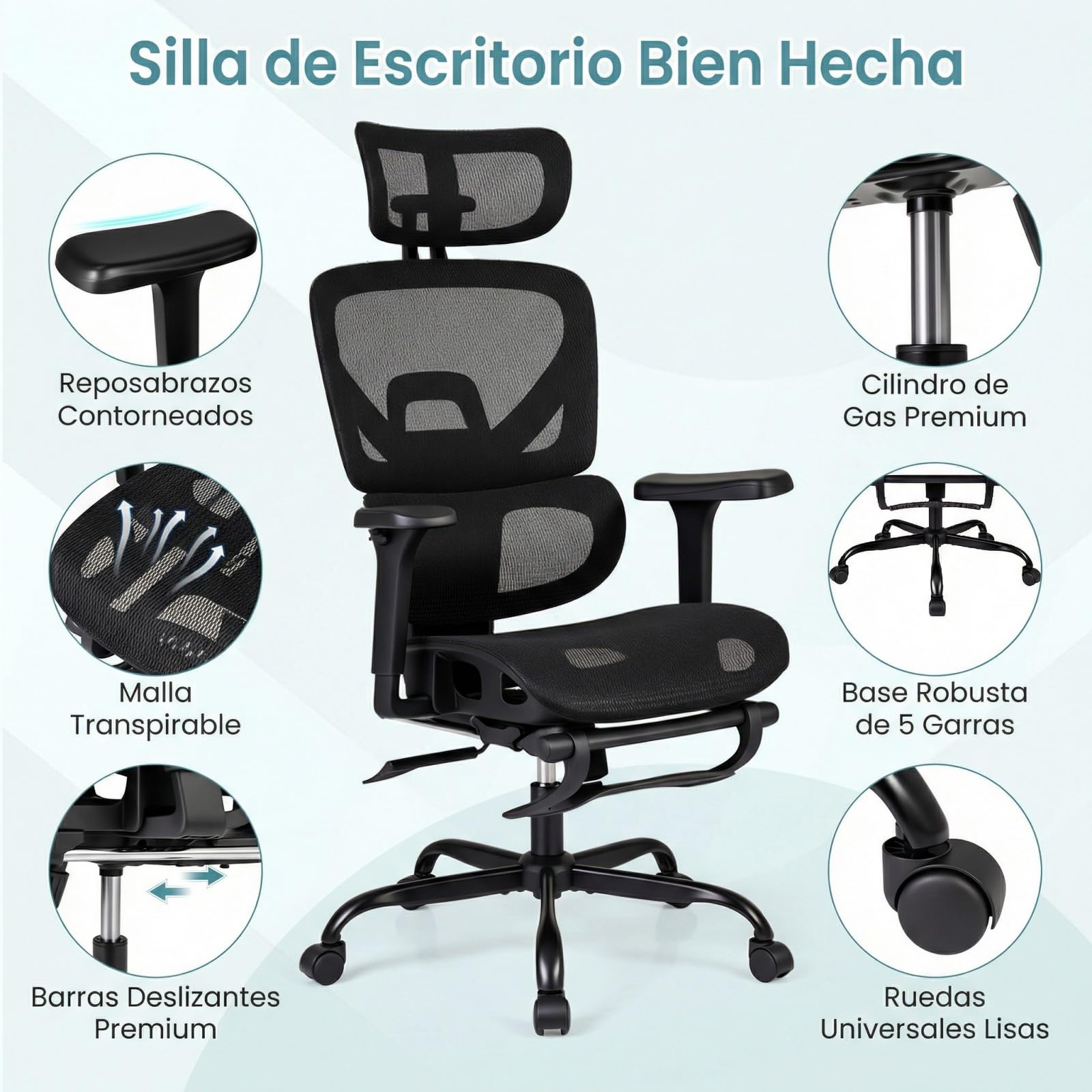 COSTWAY Silla Ergonomica Escritorio con Reposapiés, Silla de Oficina, Reposabrazos 3D, Soporte Lumbar Dinámico, Reposacabezas Ajustable, Cadeira Escritorio de Malla, Altura Ajustable